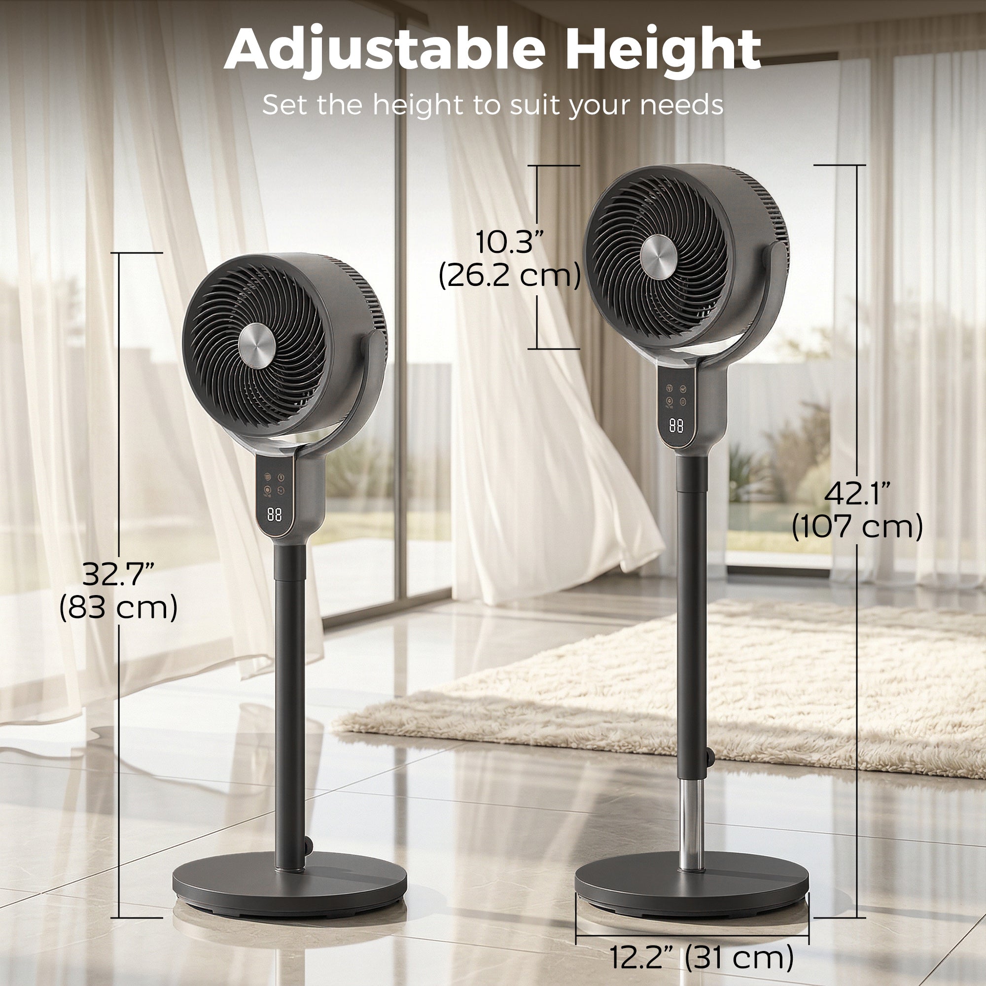 20dB Standing Fan for Bedroom, 70Â°+90Â° Auto Oscillating Fan with 8 Speeds, Remote Control, 12H Timer, Adjustable Height