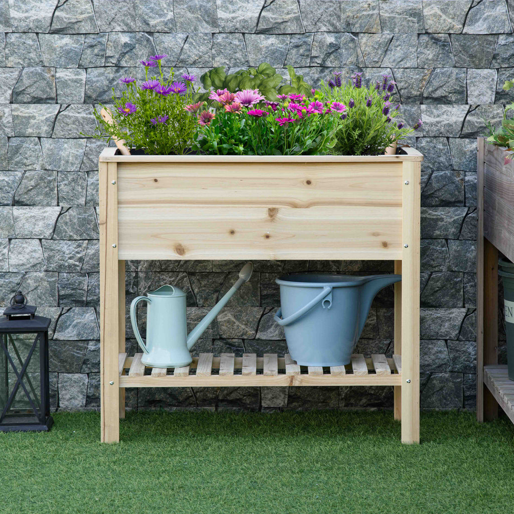 Elevated Planter Box with Storage Shelf for Flowers, Vegetables, and Herbs, 36" x 16" x 32", Natural