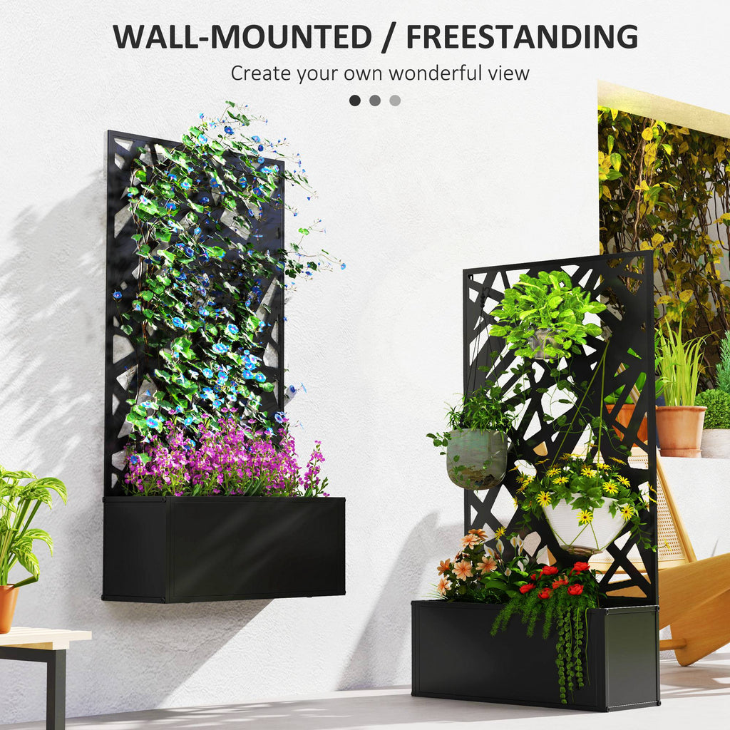 Raised Garden Bed with Trellis, Freestanding/Wall Mounted Metal Garden Box with Privacy Panel, Irregular Line Cut-Outs