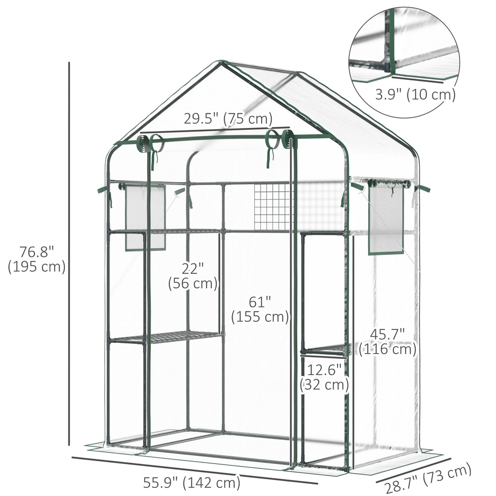 Walk-in Greenhouse with 4 Shelves, 56" x 29" x 77" Mini Greenhouse ,Roll-Up Door, Mesh Windows for Seedling, Flowers, Plant Growing, Clear