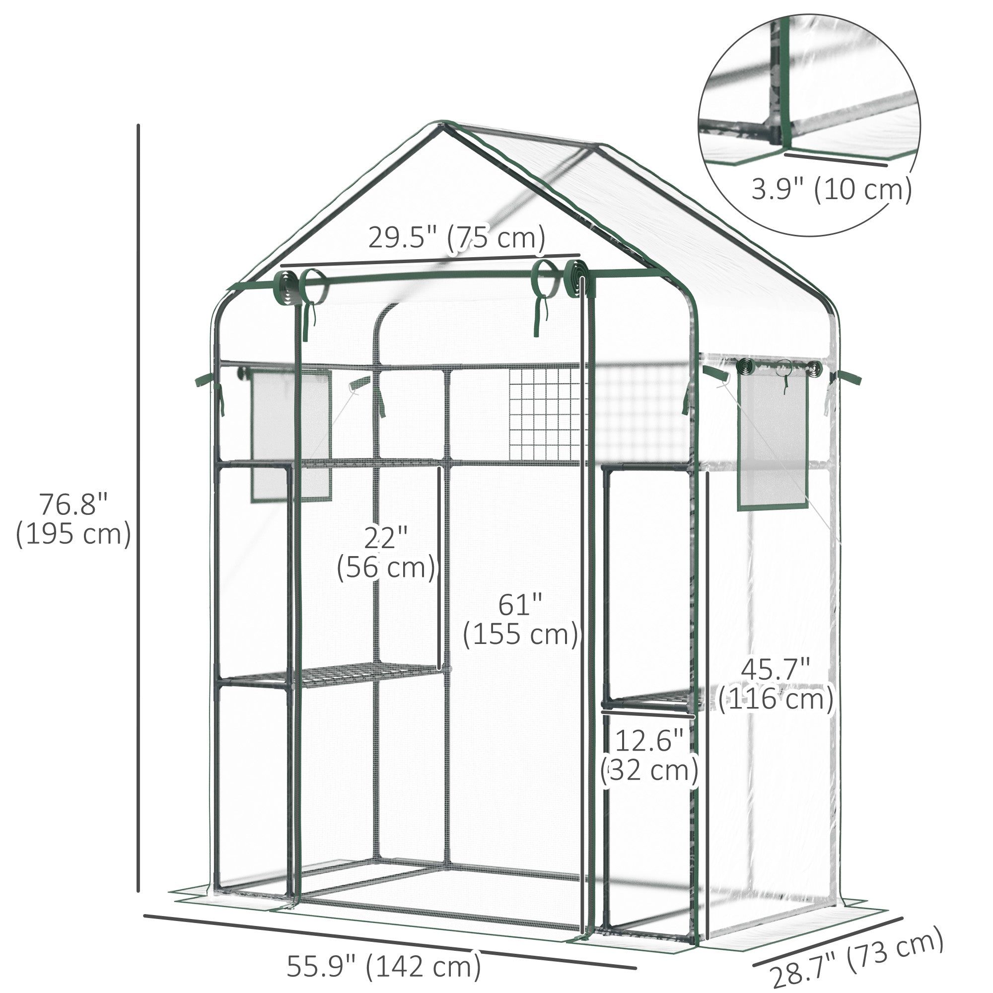Walk-in Greenhouse with 4 Shelves, 56" x 29" x 77" Mini Greenhouse ,Roll-Up Door, Mesh Windows for Seedling, Flowers, Plant Growing, Clear