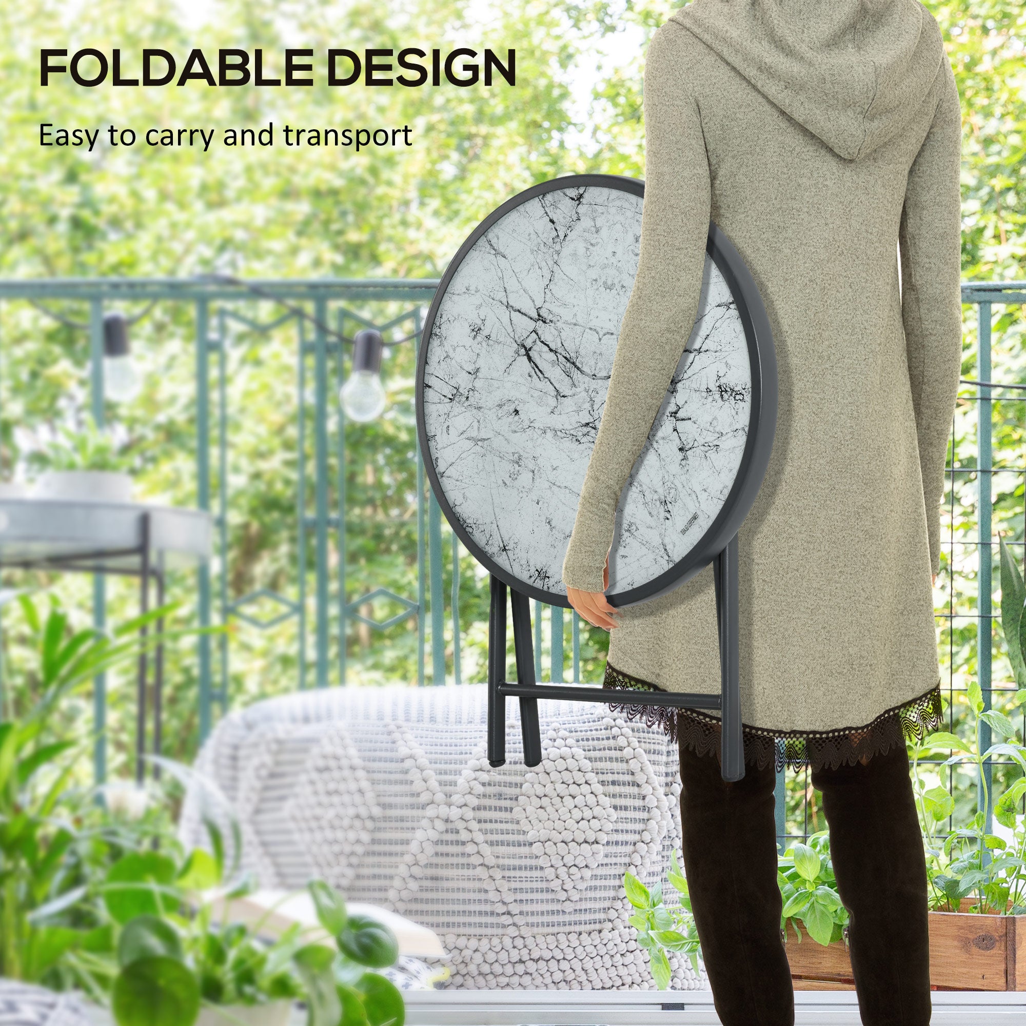 18" Outdoor Round Folding Table, Garden Side Table with Tempered Glass Top for Camping, Party, Weddings, White
