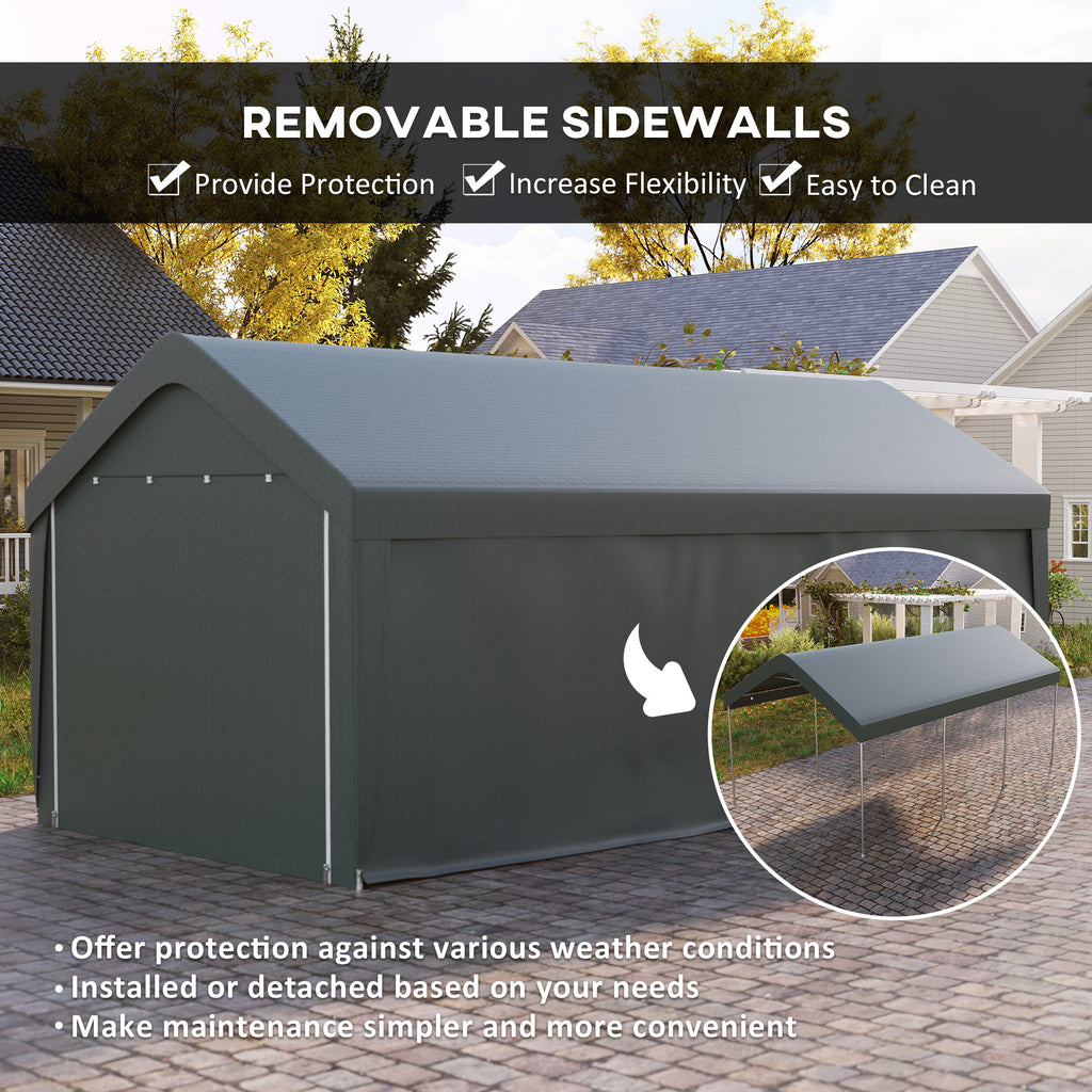 Carport, 10 x 20 ft Portable Garage with 2 Roll-Up Doors and Removable Sidewalls for Car, Truck, Boat, Dark Grey