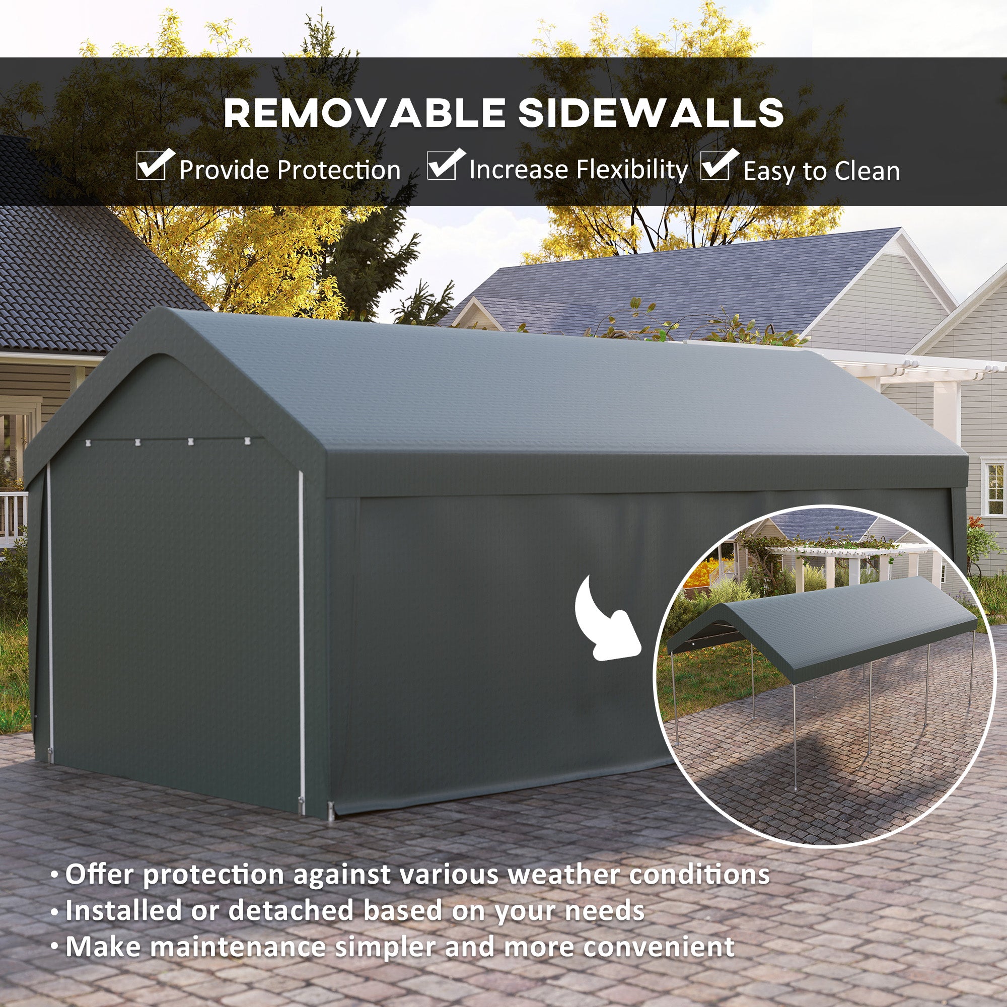 Carport, 10 x 20 ft Portable Garage with 2 Roll-Up Doors and Removable Sidewalls for Car, Truck, Boat, Dark Grey