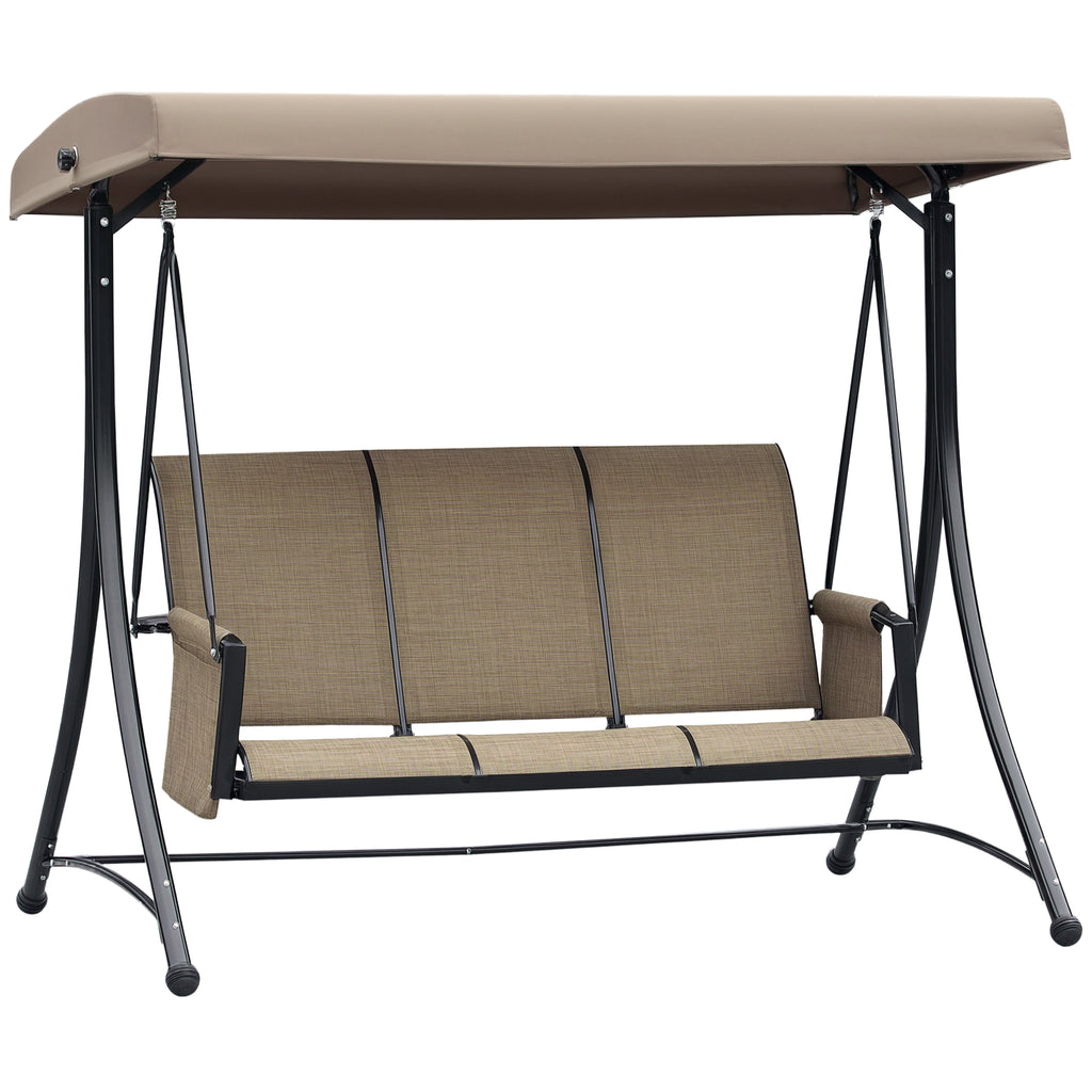 3 Person Porch Swing Outdoor Swing Chair with High Back Design, Side Pouches and Adjustable Canopy, Brown