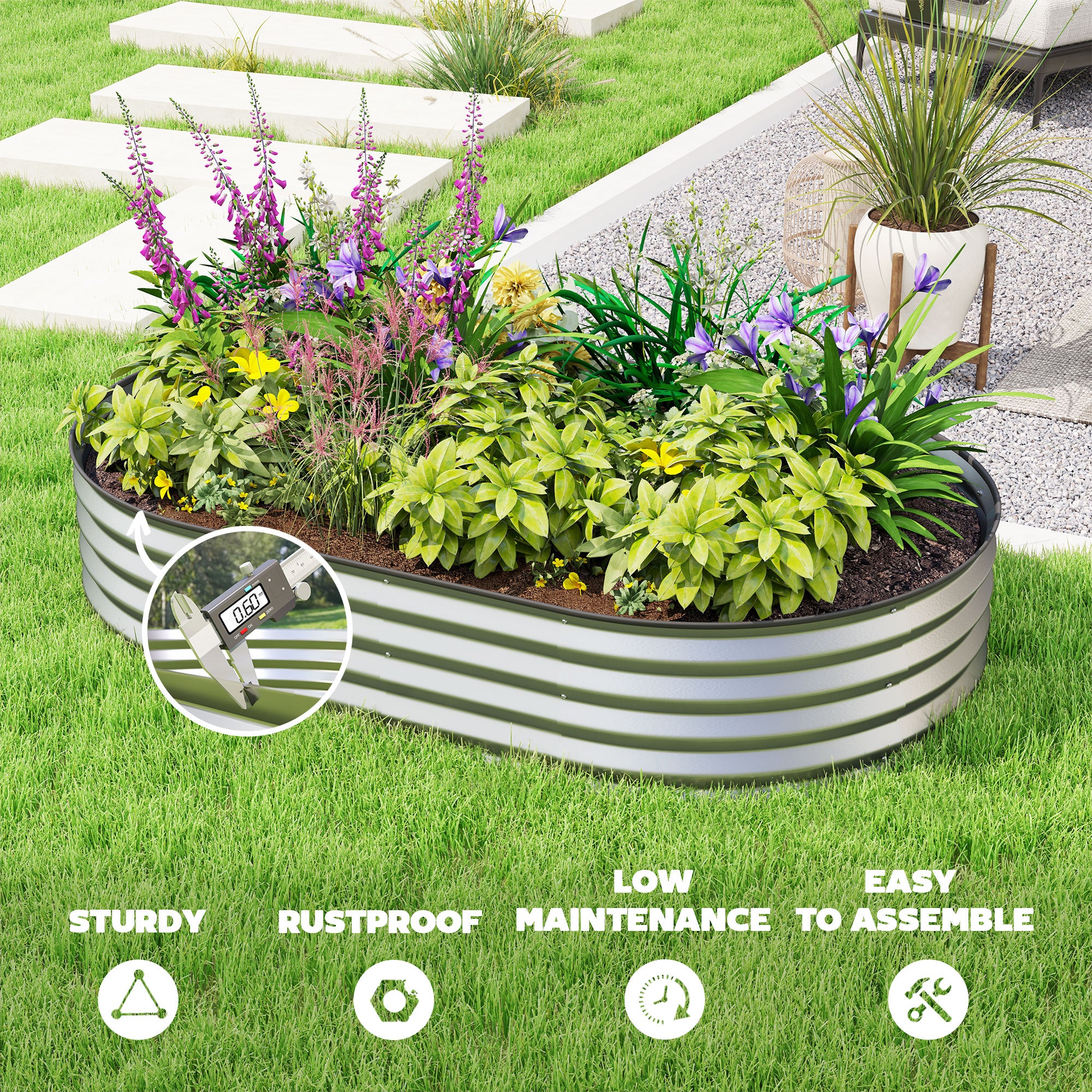 5' x 3' x 1' Large Outdoor Planter Box, Galvanized Raised Garden Bed with Metal Plant Stake, Silver