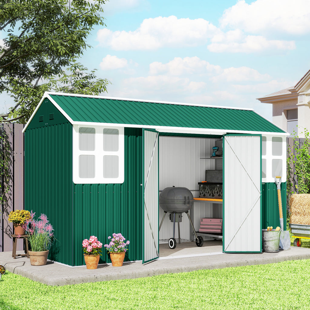 12' x 5.5' Metal Garden Storage Shed, Outdoor Tool Storage House with Lockable Door, Vents, Sloped Roof, Green