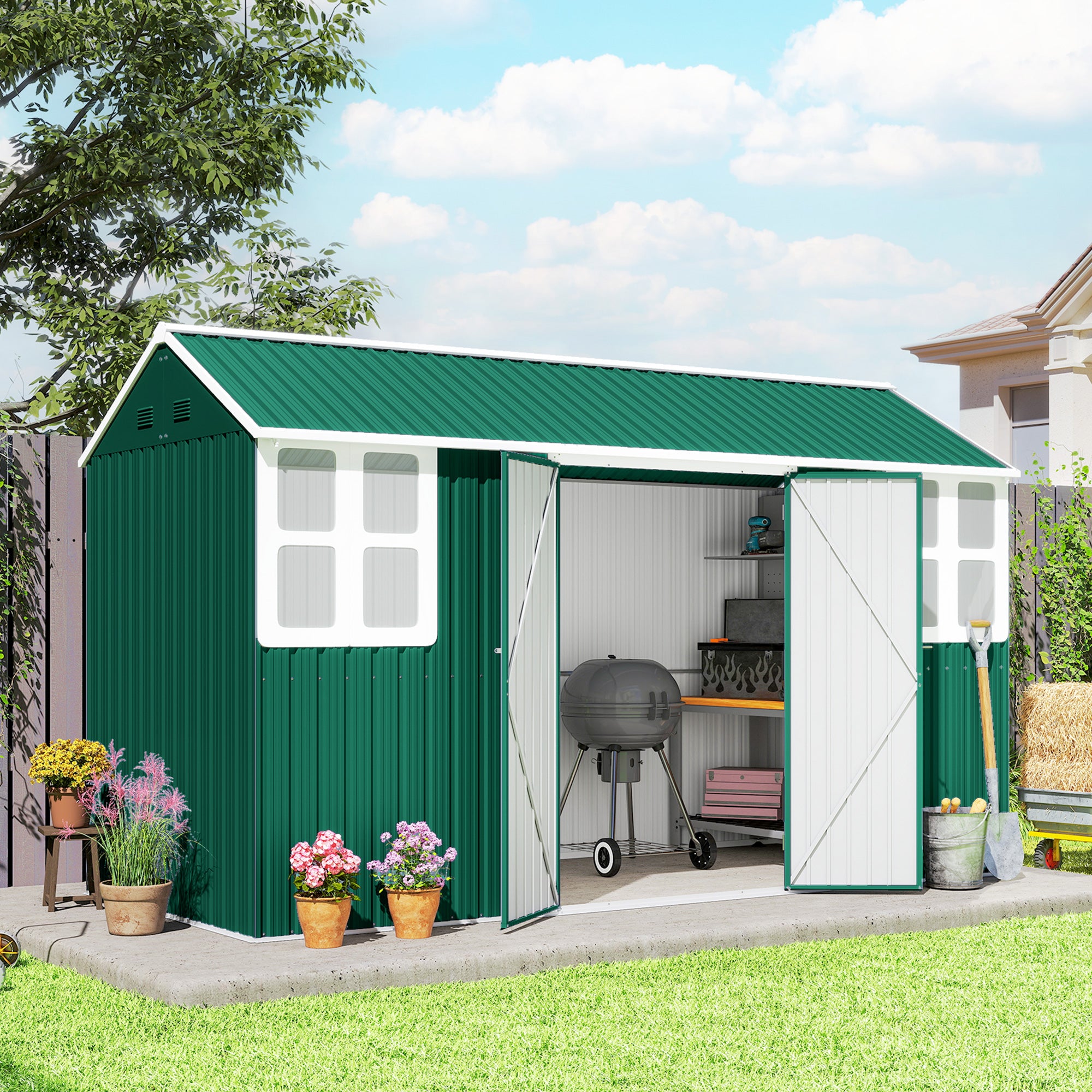12' x 5.5' Metal Garden Storage Shed, Outdoor Tool Storage House with Lockable Door, Vents, Sloped Roof, Green