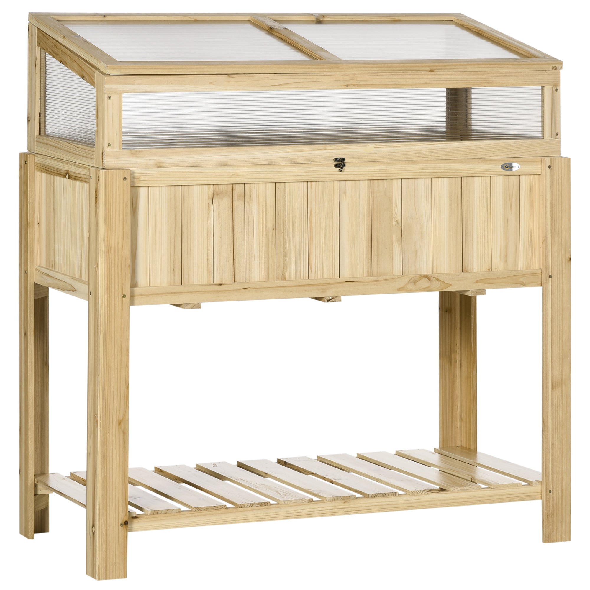 Raised Garden Bed, Outdoor Wooden & PVC Elevated Planter Box with Cold Frame Greenhouse and Storage Shelf, Natural