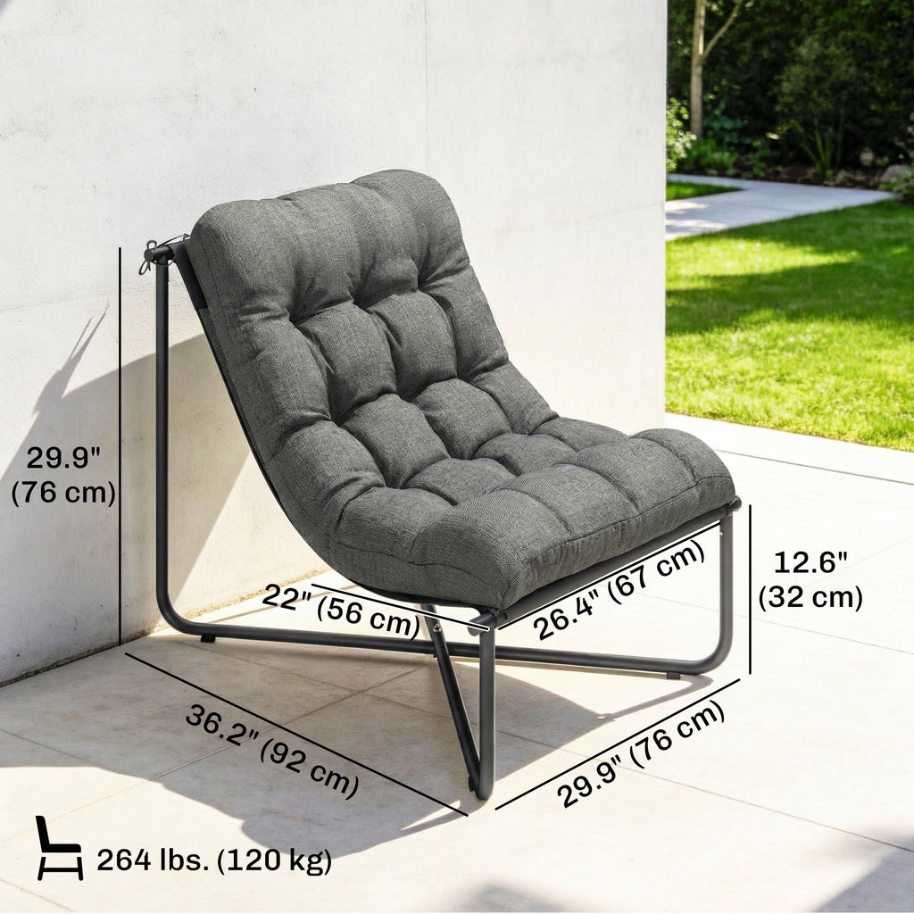 Outdoor Patio Chair, Comfy Sling Lounge Chair with Cushion, Breathable Wide Seat, Steel Frame, Dark Grey