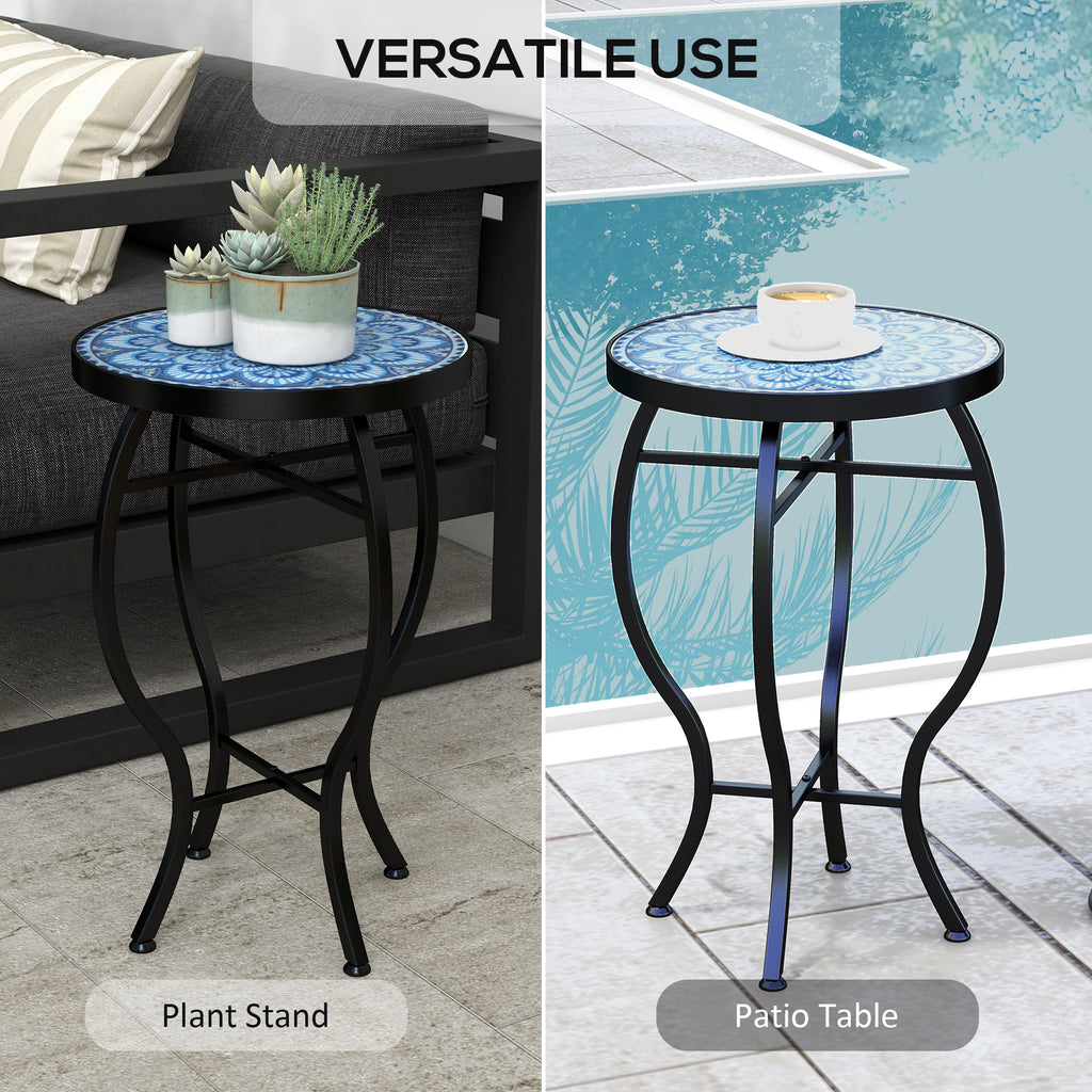 Round Outdoor Table, Patio Bistro Coffee Table with Mosaic Top and Steel Frame for Garden
