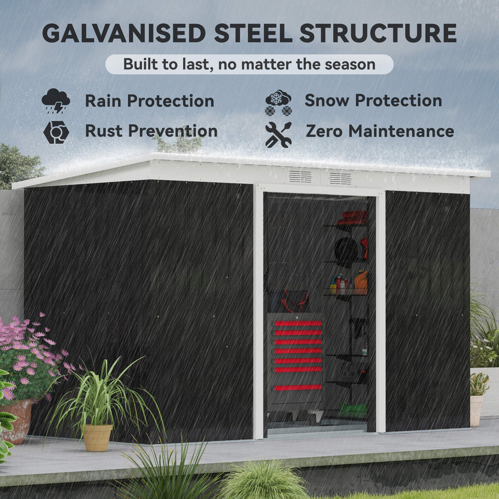 9x4 Outdoor Storage Shed Galvanized Steel Garden Shed with Foundation Kit, Ventilation & Doors, Dark Grey