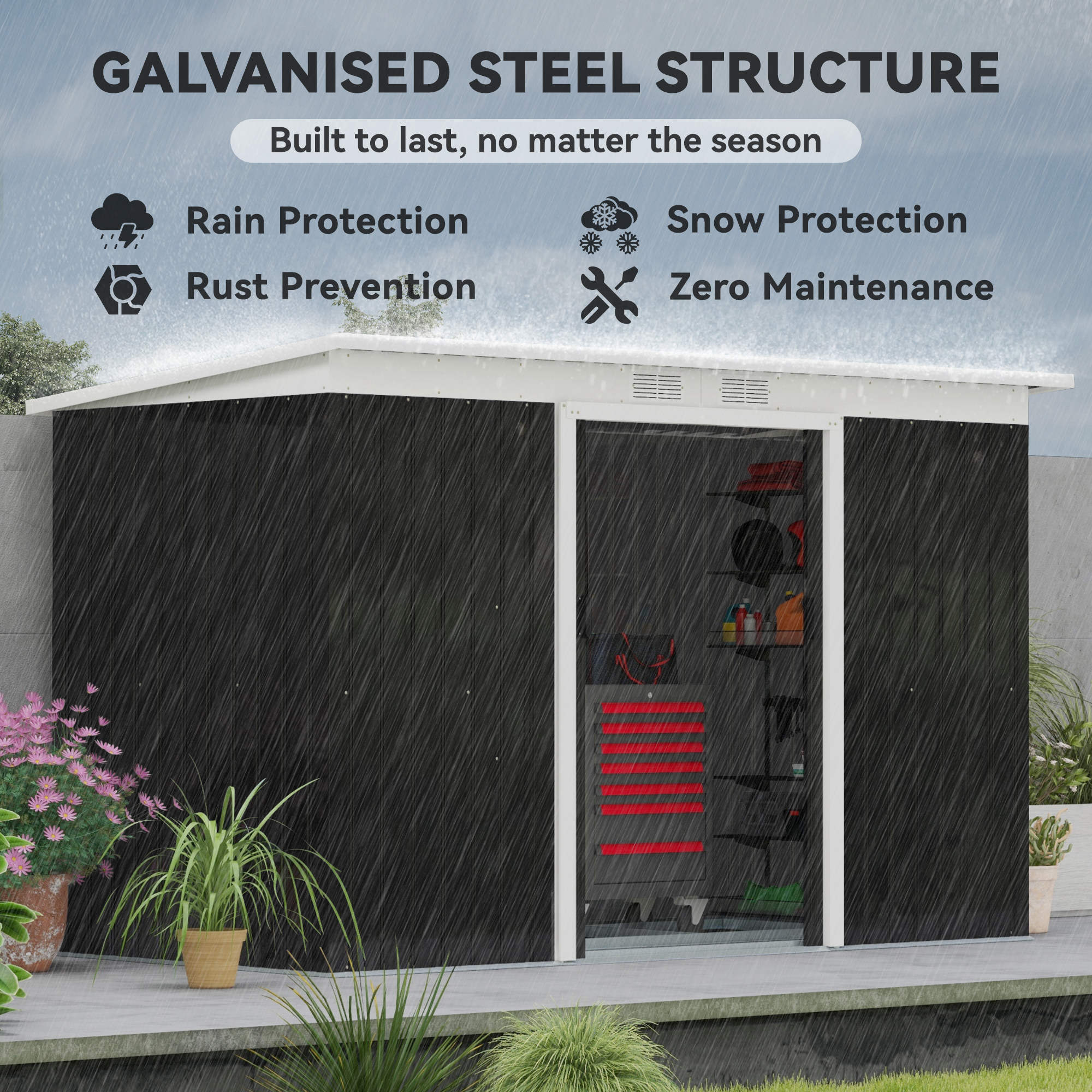 9x4 Outdoor Storage Shed Galvanized Steel Garden Shed with Foundation Kit, Ventilation & Doors, Dark Grey