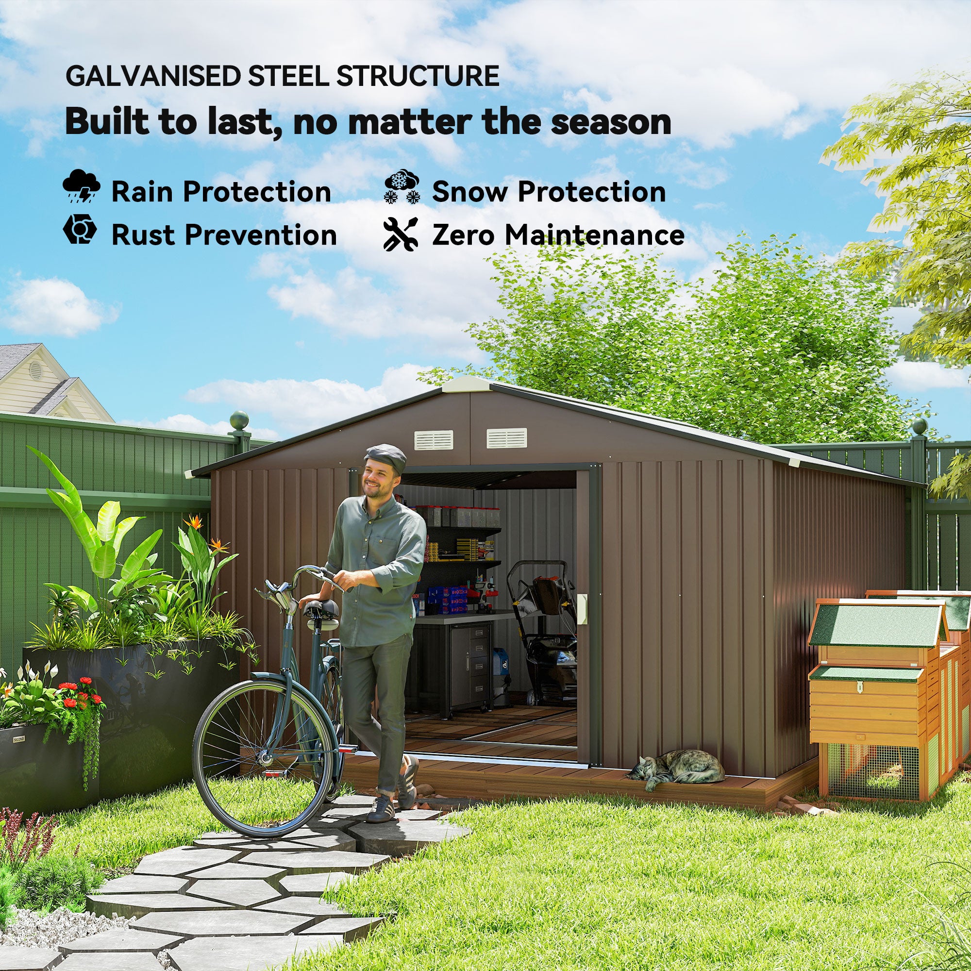 11' x 13' Outdoor Metal Storage Shed Large Tool House with Weatherproof Construction, Vent, Foundation Kit, Brown