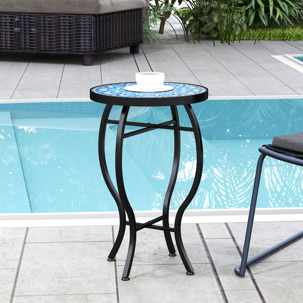 Round Outdoor Table, Patio Bistro Coffee Table with Mosaic Top and Steel Frame for Garden