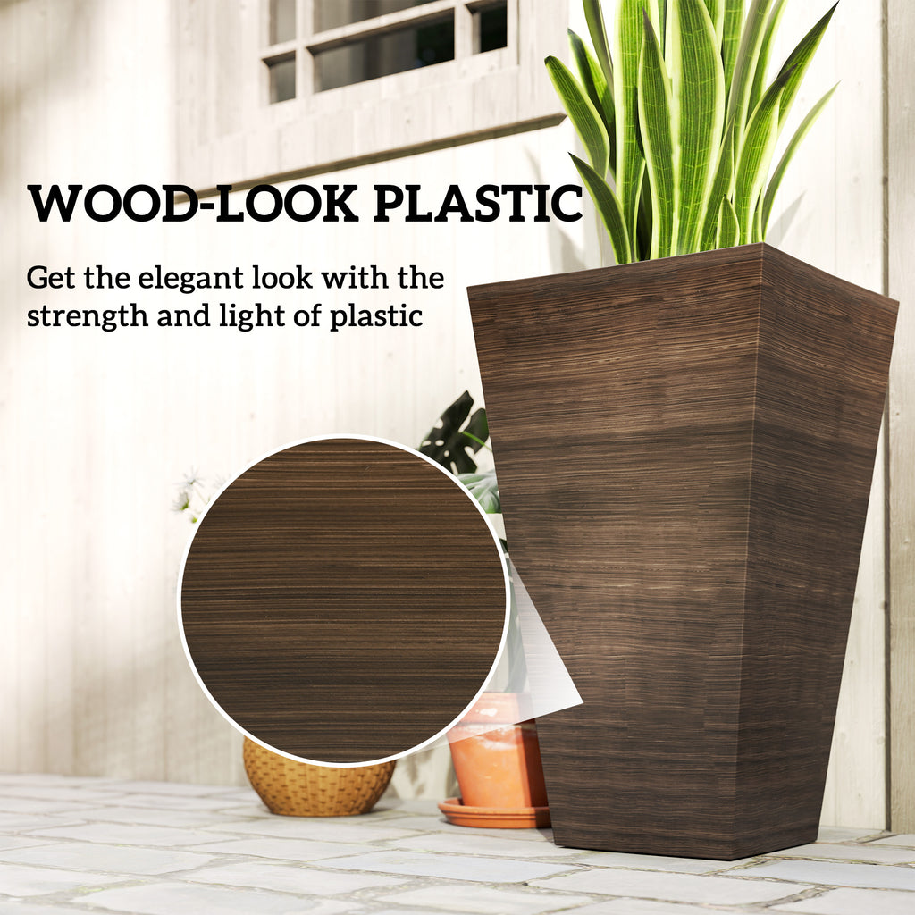 Tall Planter for Outdoor Plants Set of 3, 28 Inch Taper Planter with Drainage Holes, Brown