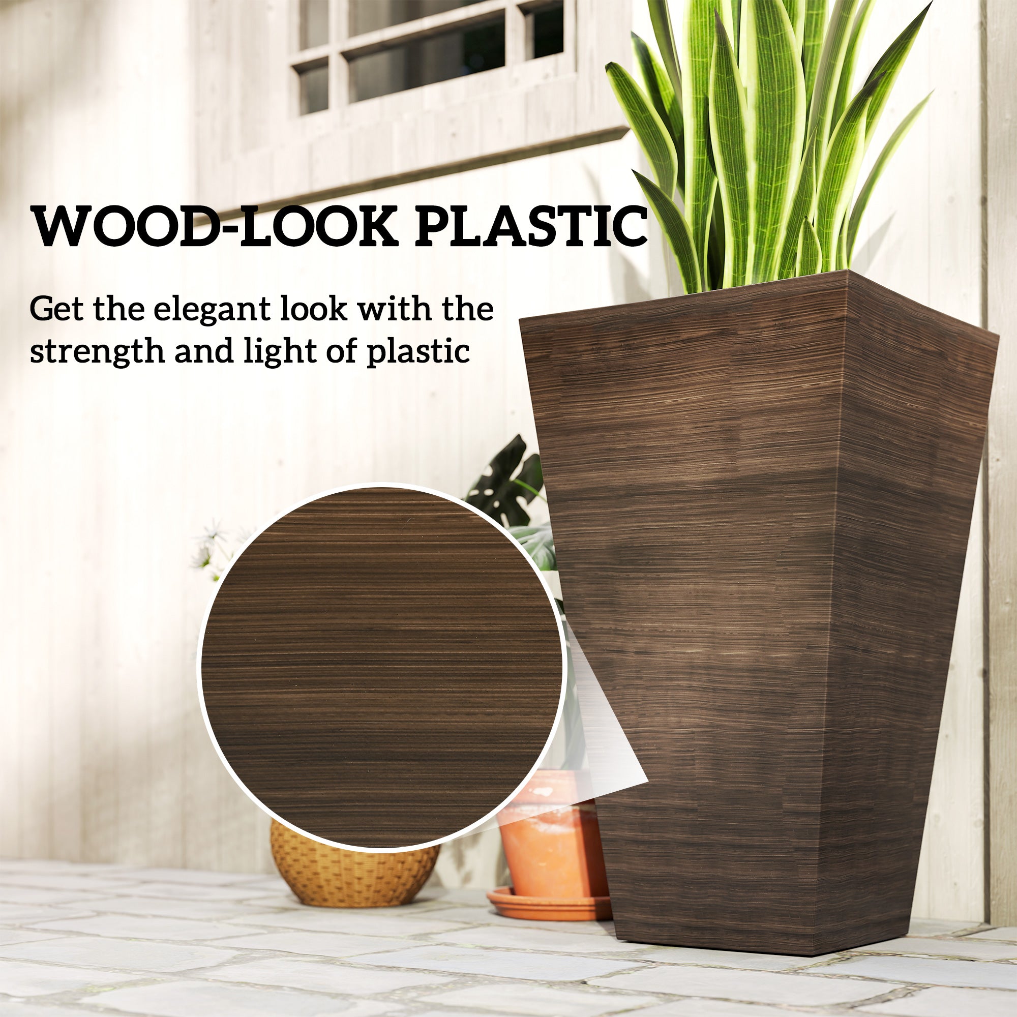 Tall Planter for Outdoor Plants Set of 3, 28 Inch Taper Planter with Drainage Holes, Brown