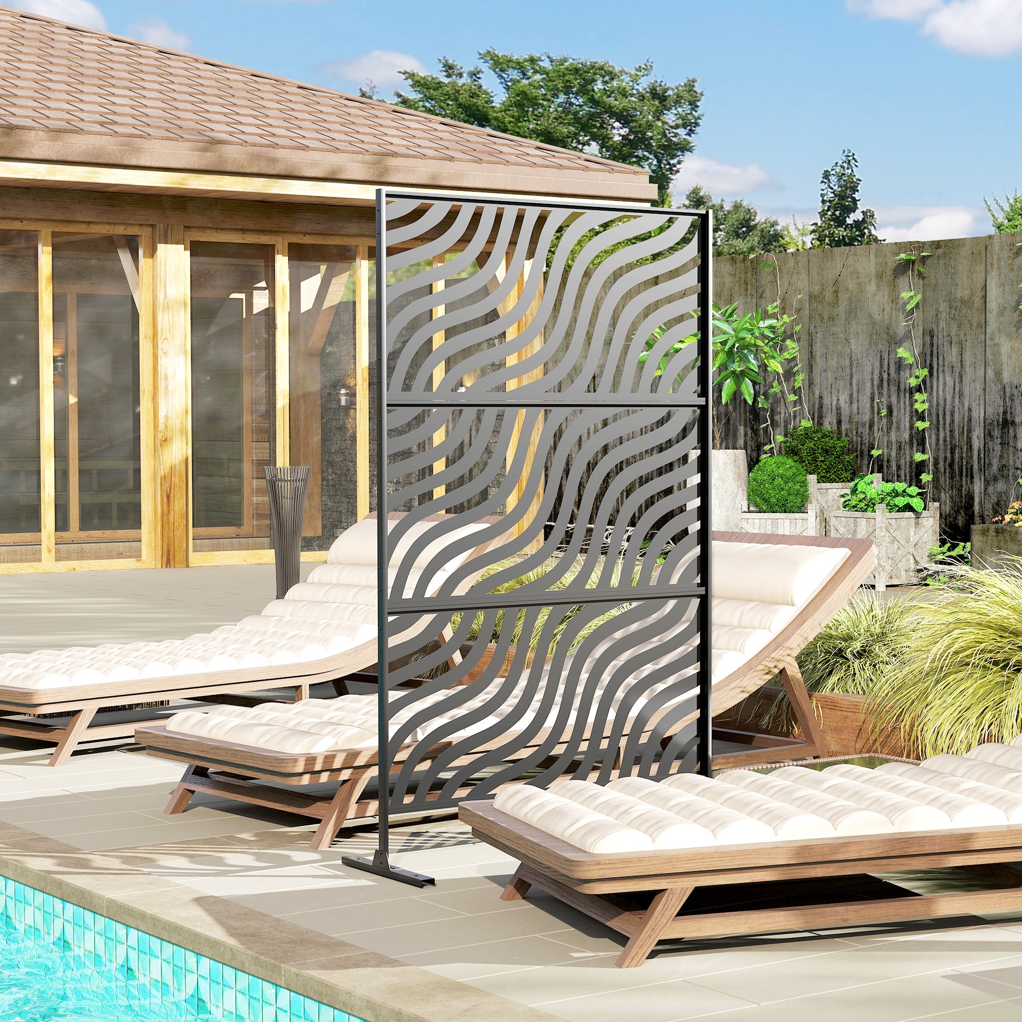 Metal Outdoor Privacy Screen, Freestanding Outdoor Divider with Stand, 78" x 48", Black