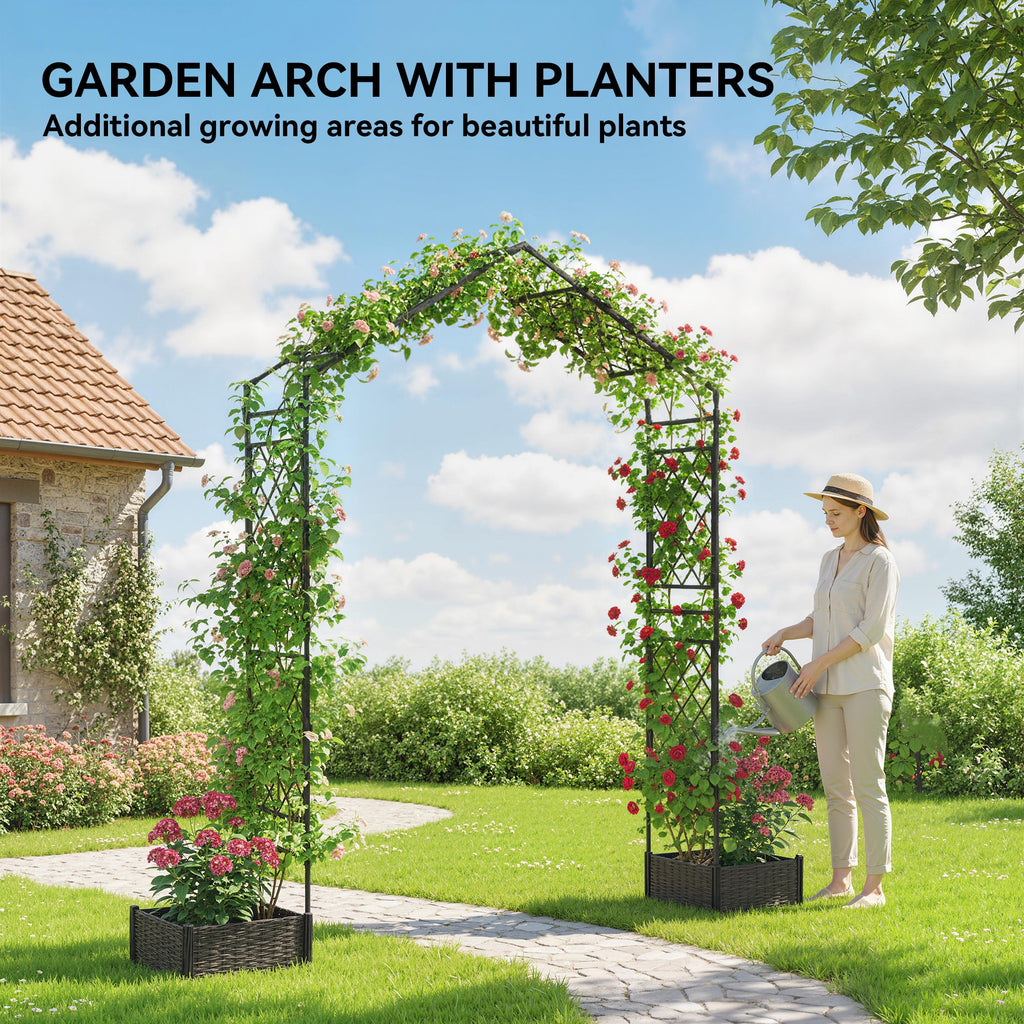 Garden Arch Outdoor Trellis Arbor with 2 Planter Boxes, 90.6" x 15.7" x 88.2", Black