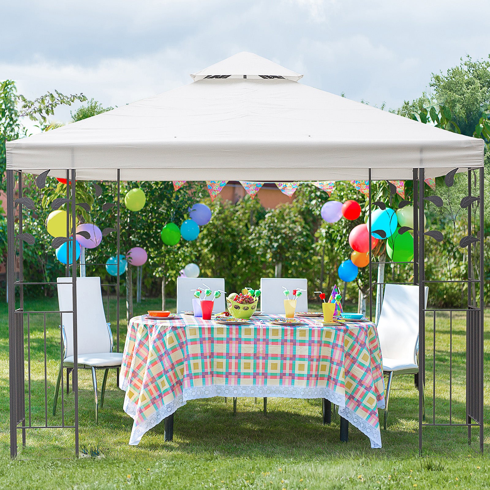 10' x 10' Outdoor Garden Metal Gazebo Patio Canopy Marquee Patio Party Tent Canopy Shelter Vented Roof Decorative Frame, Cream