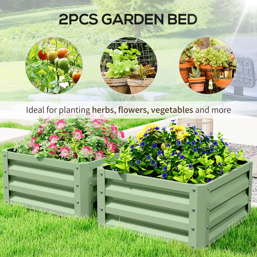 2Pcs 2' x 2' x 1' Galvanized Raised Garden Bed Kit, Square Outdoor Metal Planter Box with Open Bottom for Vegetables, Flowers, Herbs, Light Green