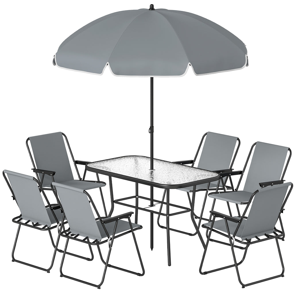 8 Piece Patio Table and Chairs Set with Folding Chairs, Tempered Glass Tabletop and Umbrella for Garden, Grey