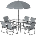 8 Piece Patio Table and Chairs Set with Folding Chairs, Tempered Glass Tabletop and Umbrella for Garden, Grey