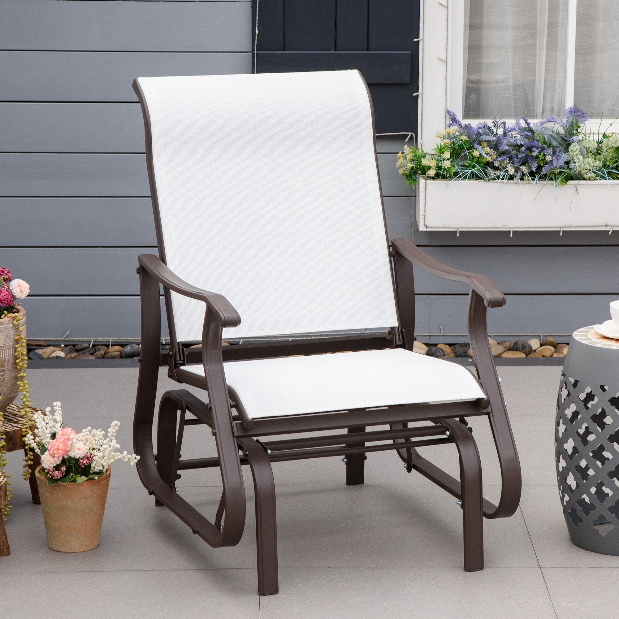 Outdoor Glider Chair, Patio Glider with Steel Frame and Mesh Fabric, Outdoor Patio Chair for Backyard, Garden and Porch, Cream White
