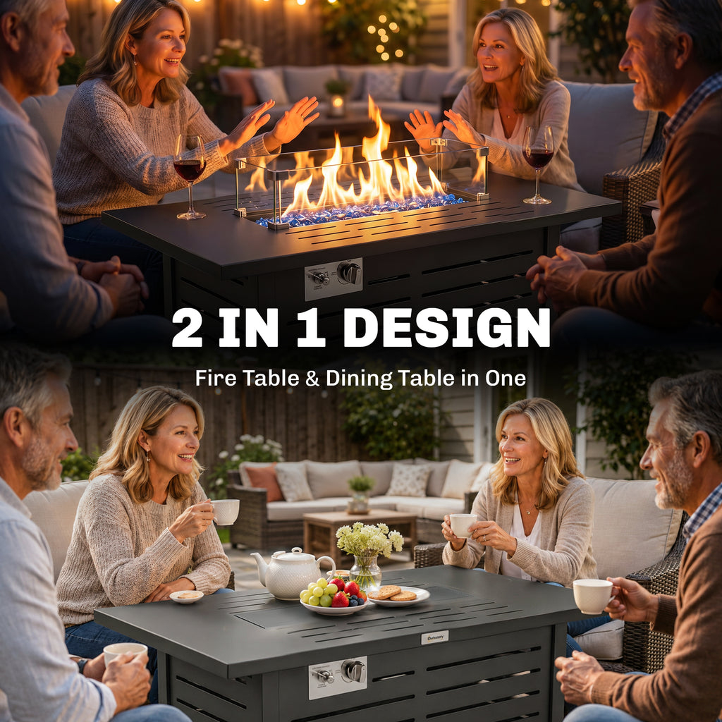 Propane Gas Fire Pit Table, Outdoor Firepit with 43" Steel Tabletop and Lid, 50,000 BTU Pulse Ignition Fire Table w/ Stainless Steel Burner, Glass Wind Guard, and Cover