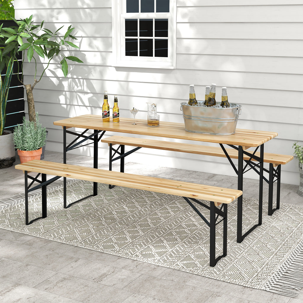 3 Pieces Folding Picnic Table Set, Portable Folding Picnic Table and Benches with Steel Frame for Garden, Park, Natural Wood