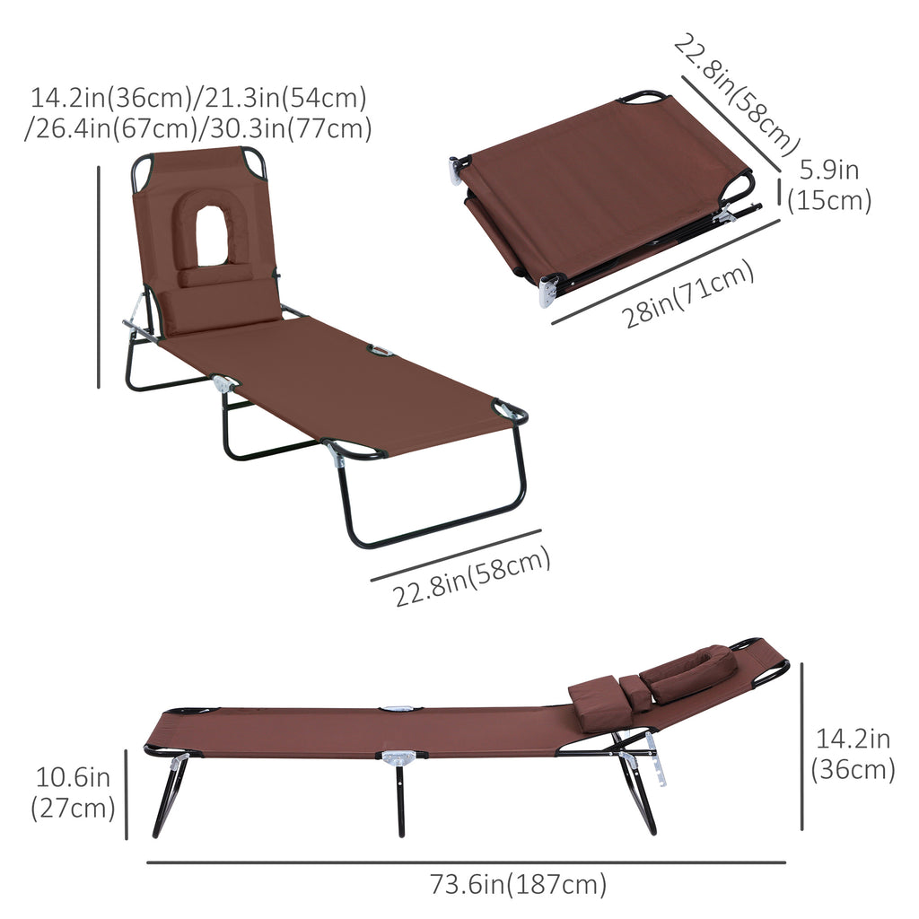 Folding Chaise Lounge Chair, Reclining Beach Tanning Chair with Face Hole, Pillow, 4-Position Adjustable Lay Flat Sun Lounger, Steel Frame for Outdoor Patio Pool, Brown