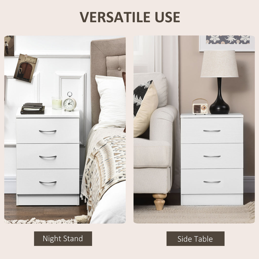 Bedside Table with 3 Drawers, Modern Wood Nightstand, Side Table with Anti-tipping Design for Bedroom, Set of 2, White