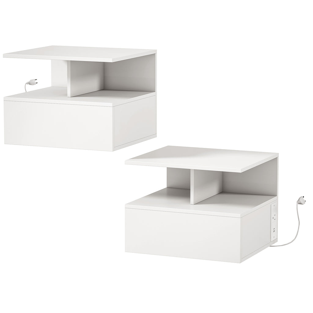 Floating Nightstand Set of 2, Wall Mounted Bedside Table with with Power Outlets, Drawer and Shelf, White