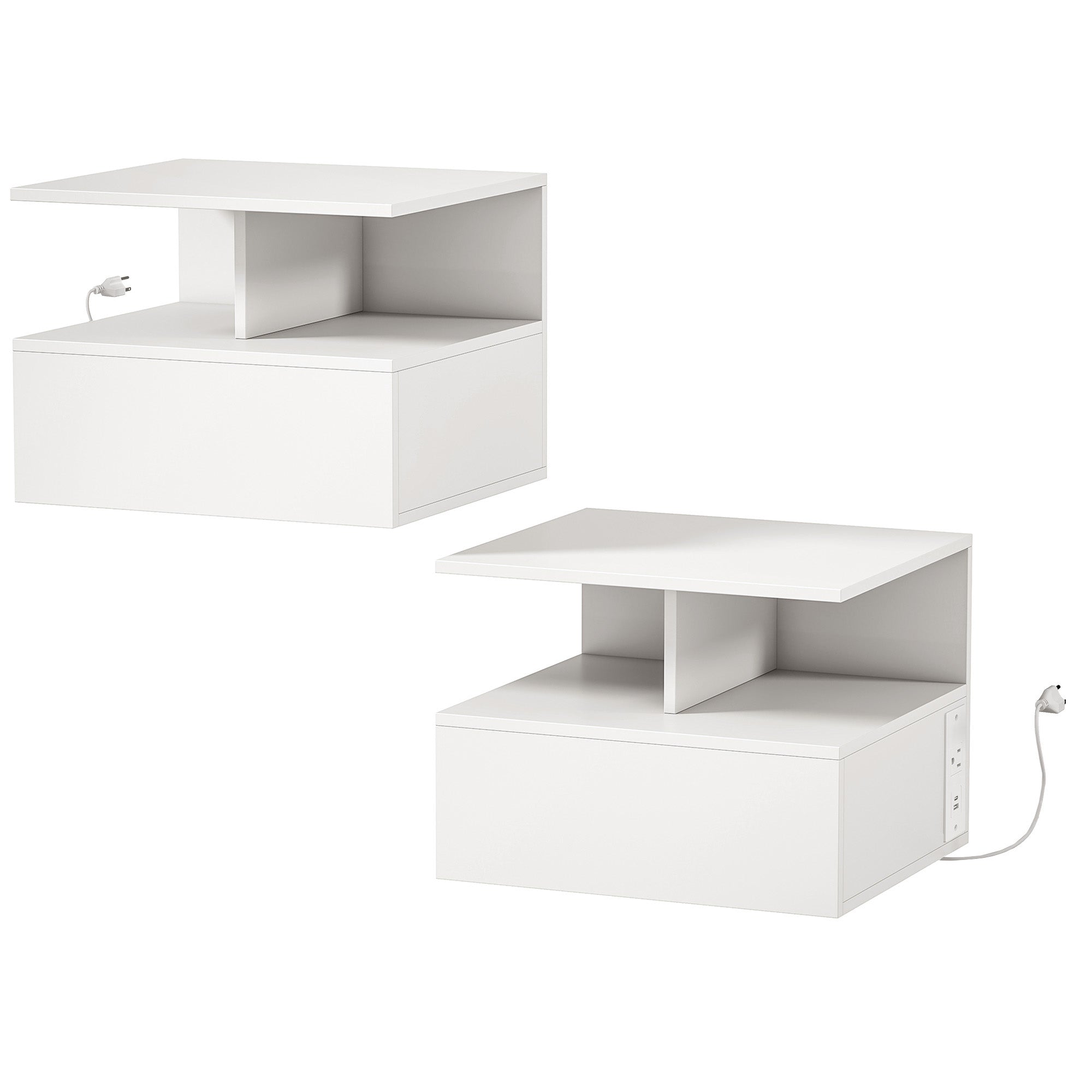 Floating Nightstand Set of 2, Wall Mounted Bedside Table with with Power Outlets, Drawer and Shelf, White