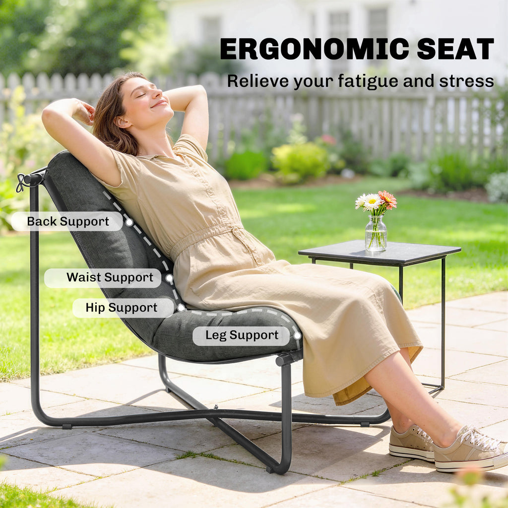 Outdoor Patio Chair, Comfy Sling Lounge Chair with Cushion, Breathable Wide Seat, Steel Frame, Dark Grey