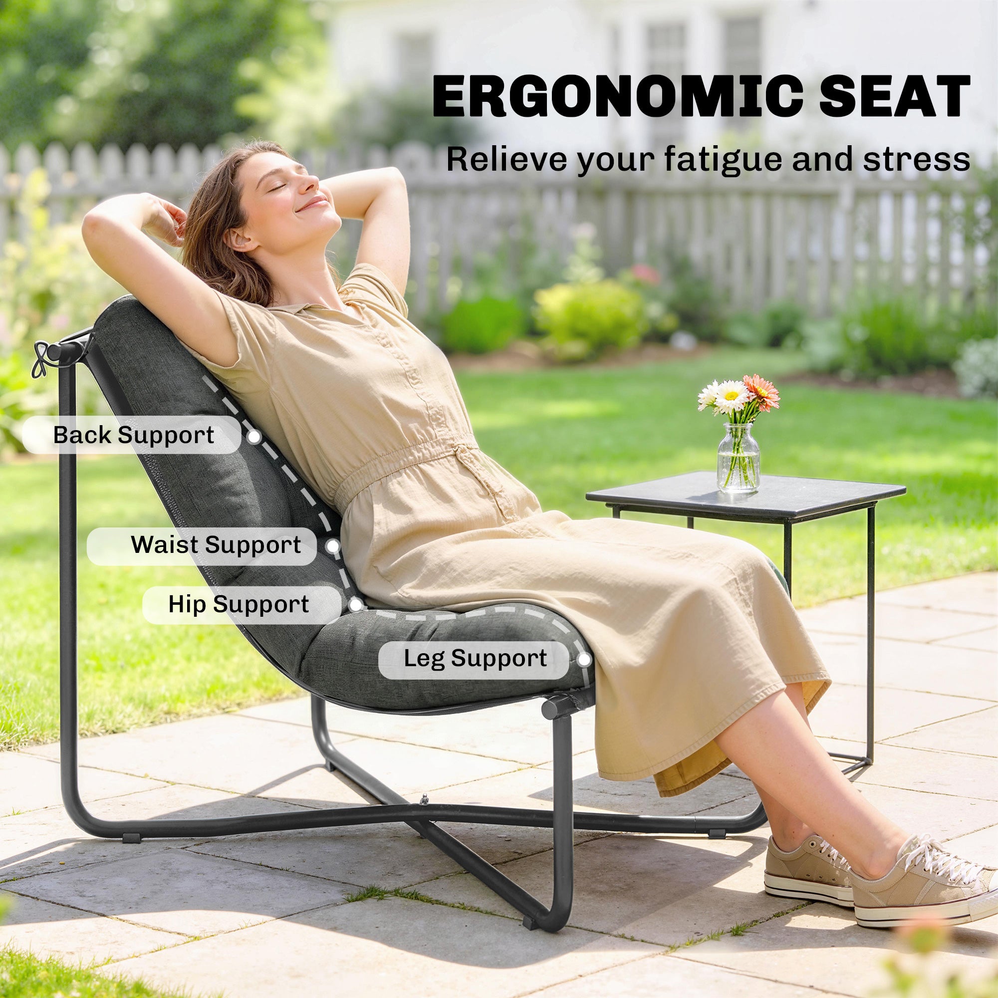 Outdoor Patio Chair, Comfy Sling Lounge Chair with Cushion, Breathable Wide Seat, Steel Frame, Dark Grey