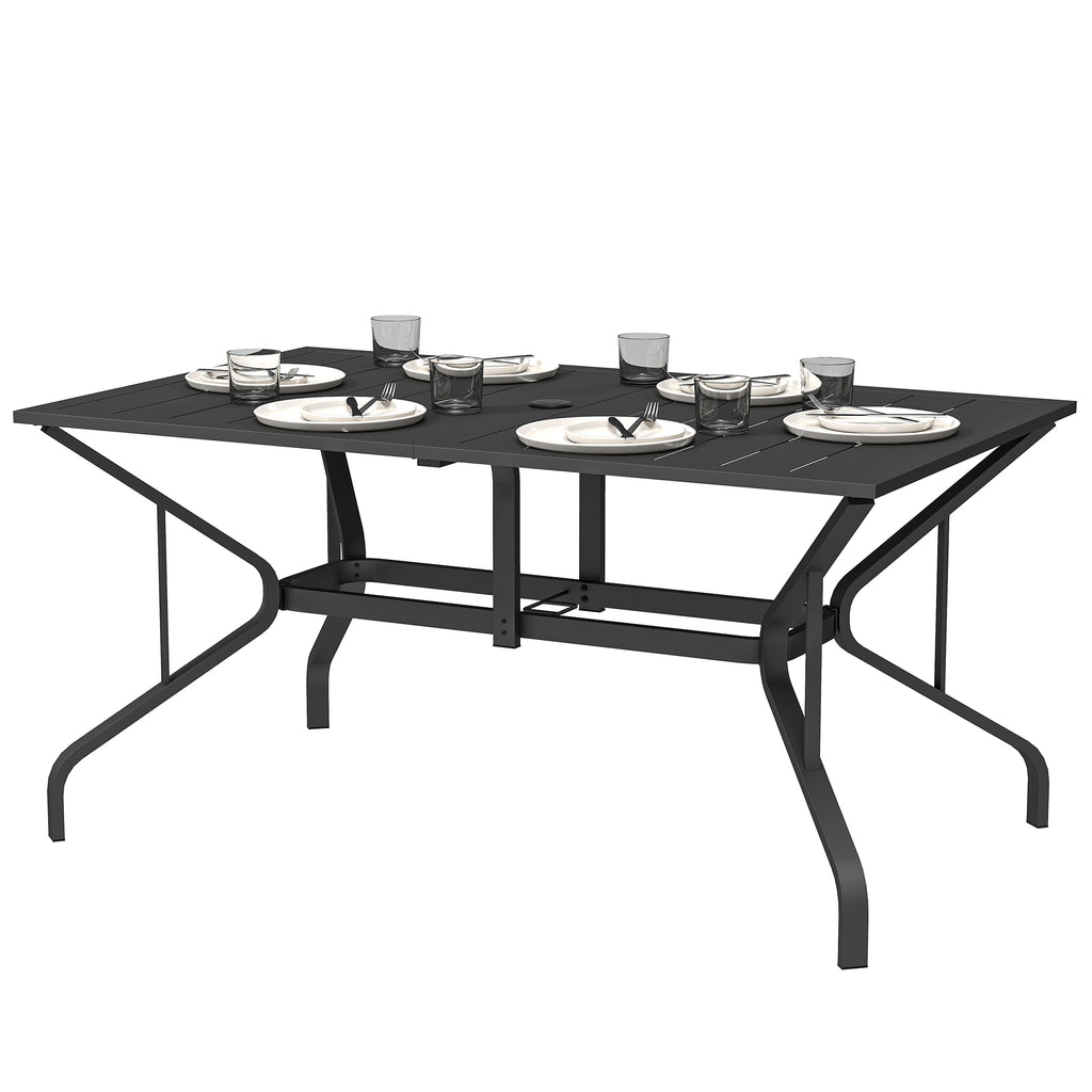 Rectangle Patio Dining Table with Umbrella Hole, Outdoor Dining Table for 6 with Steel Frame for Garden, Balcony, Black