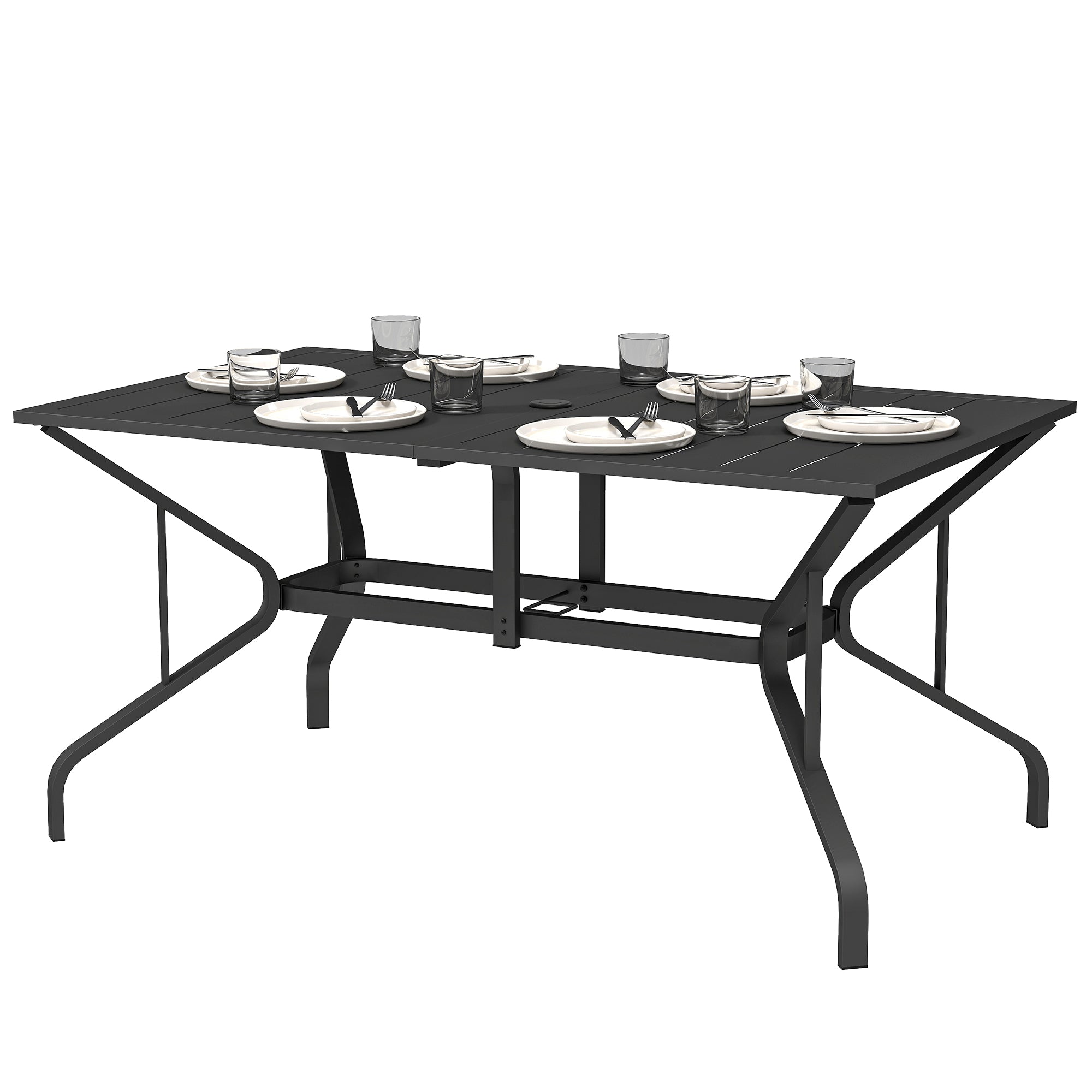 Rectangle Patio Dining Table with Umbrella Hole, Outdoor Dining Table for 6 with Steel Frame for Garden, Balcony, Black