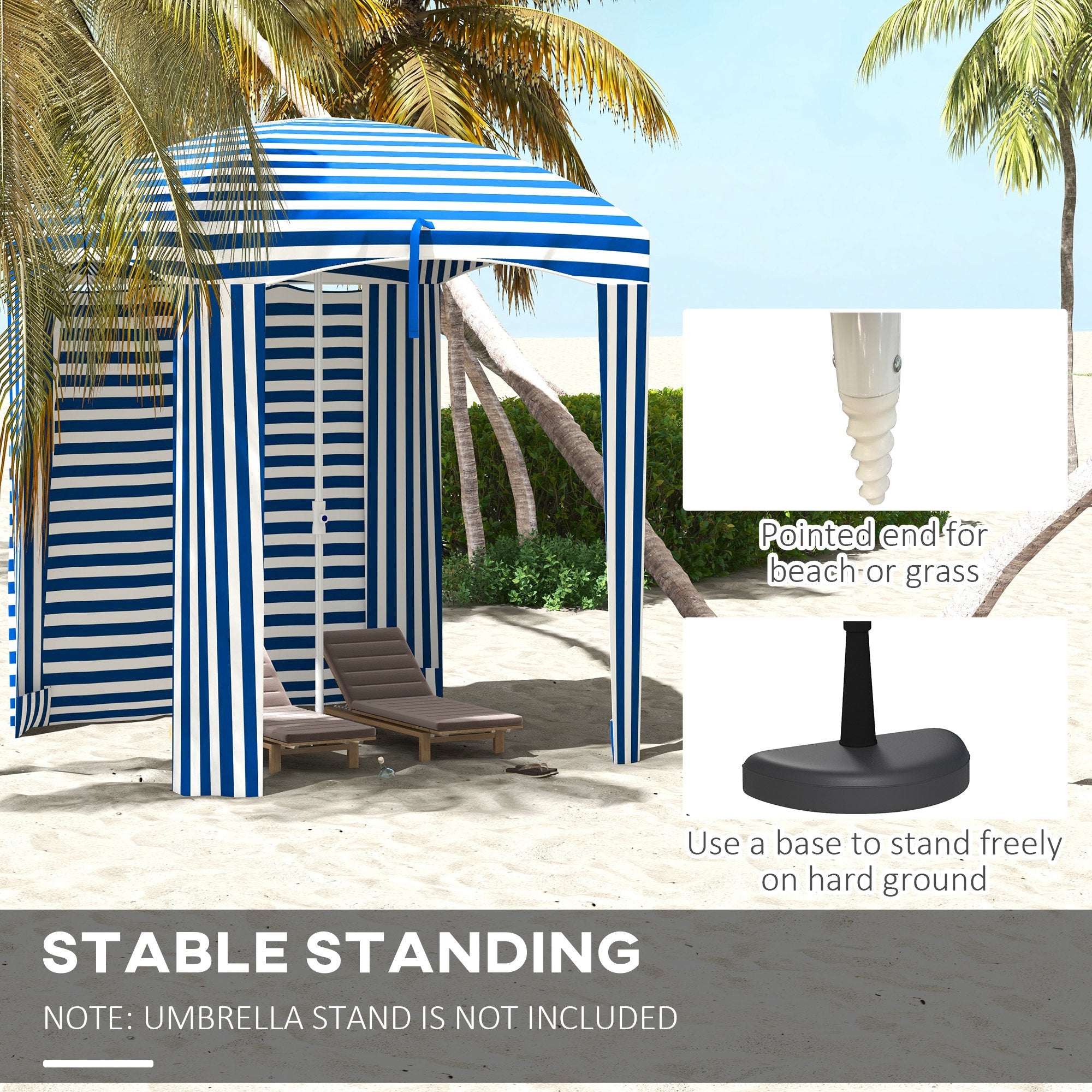 70.1" L x 70.1" W Cabana Umbrella with Walls, Vents, Ruffles, Carry Bag, Beach Umbrella, Blue White Stripe