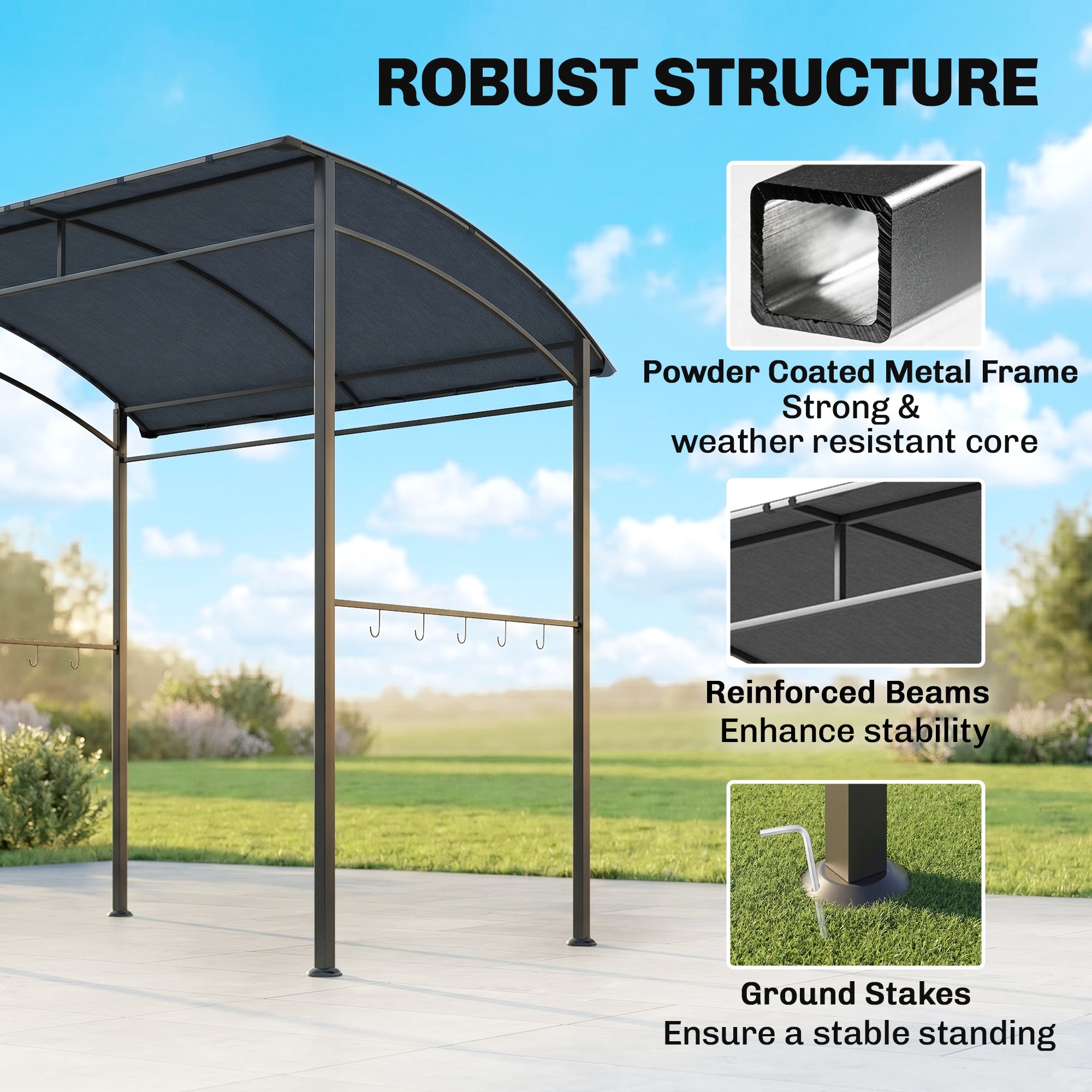 7' x 5' BBQ Grill Gazebo Tent, Garden Grill Canopy with Steel Frame and Hooks, Outdoor Sun Shade, Grey