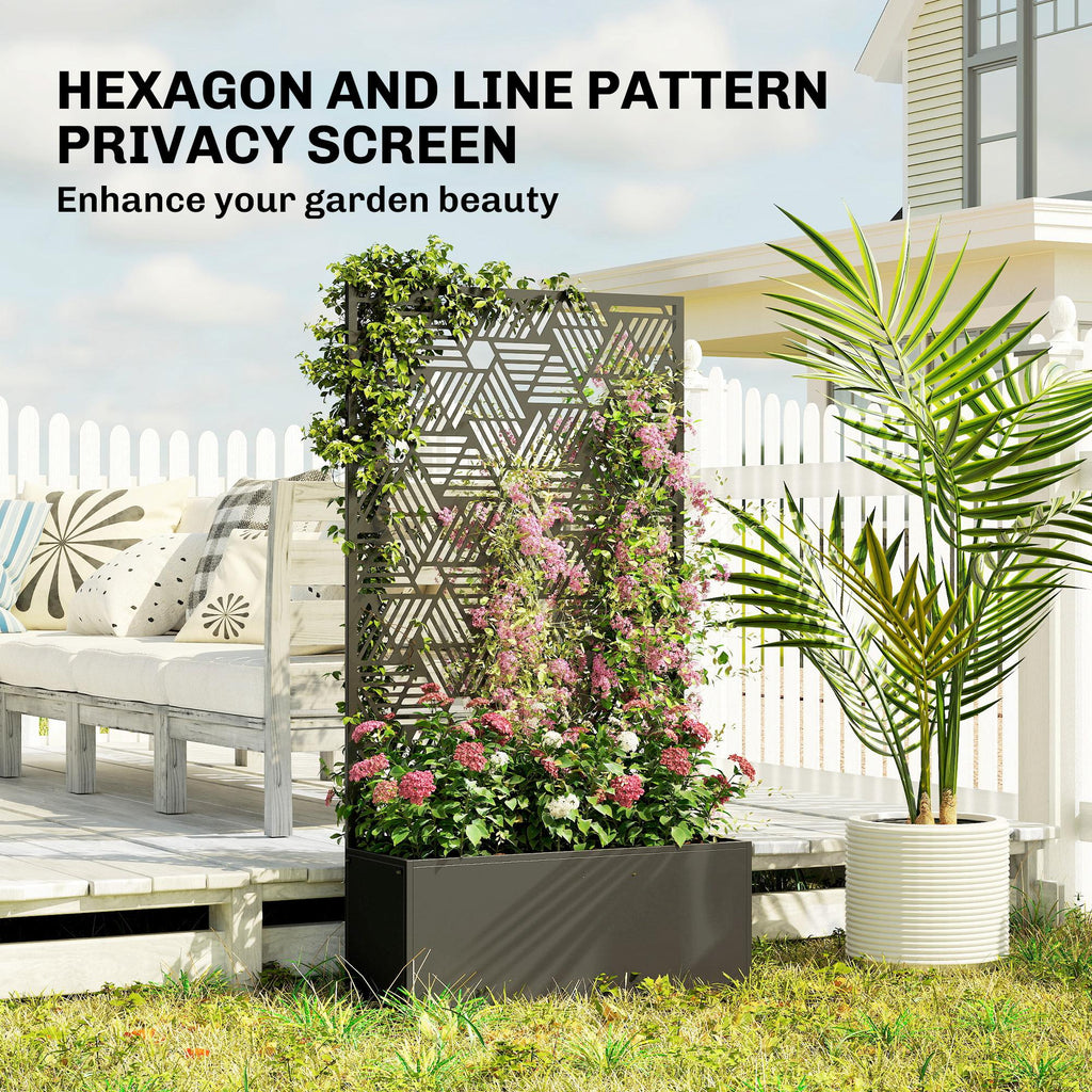 Metal Planter Box with Trellis, 44.5" Tall Raised Garden Bed with Privacy Screen, Hexagon and Line Cut-Out