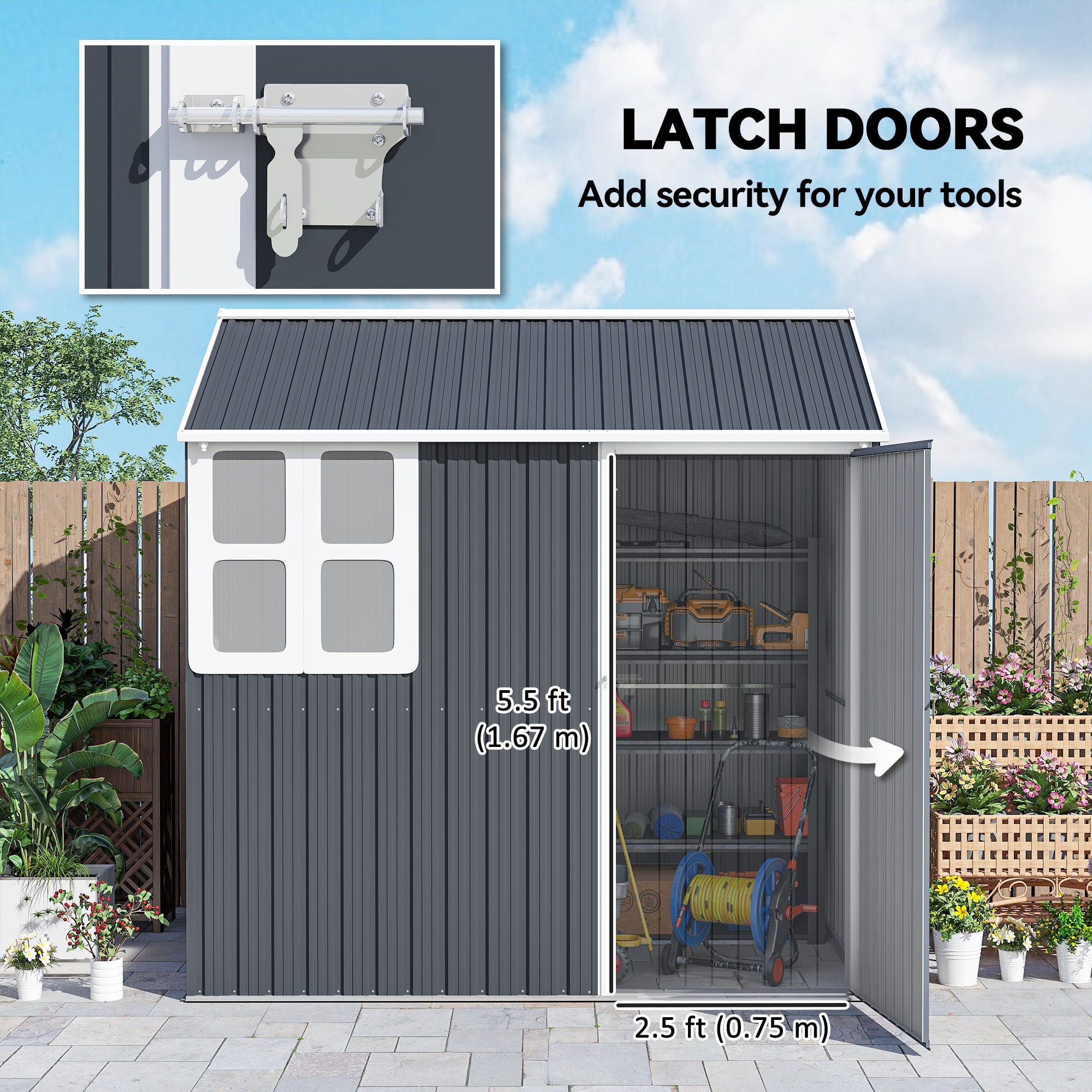 7' x 5.5' Metal Garden Storage Shed, Outdoor Tool Storage House with Lockable Door, Vents, Sloped Roof, Dark Grey