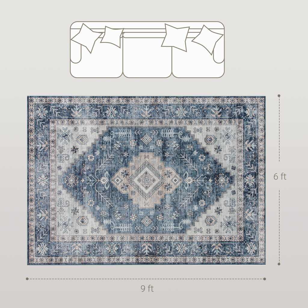 6x9 Area Rug, Vintage Machine Washable Rug, Non-Slip Floor Carpet for Living Room, Bedroom, Dining Room, Blue