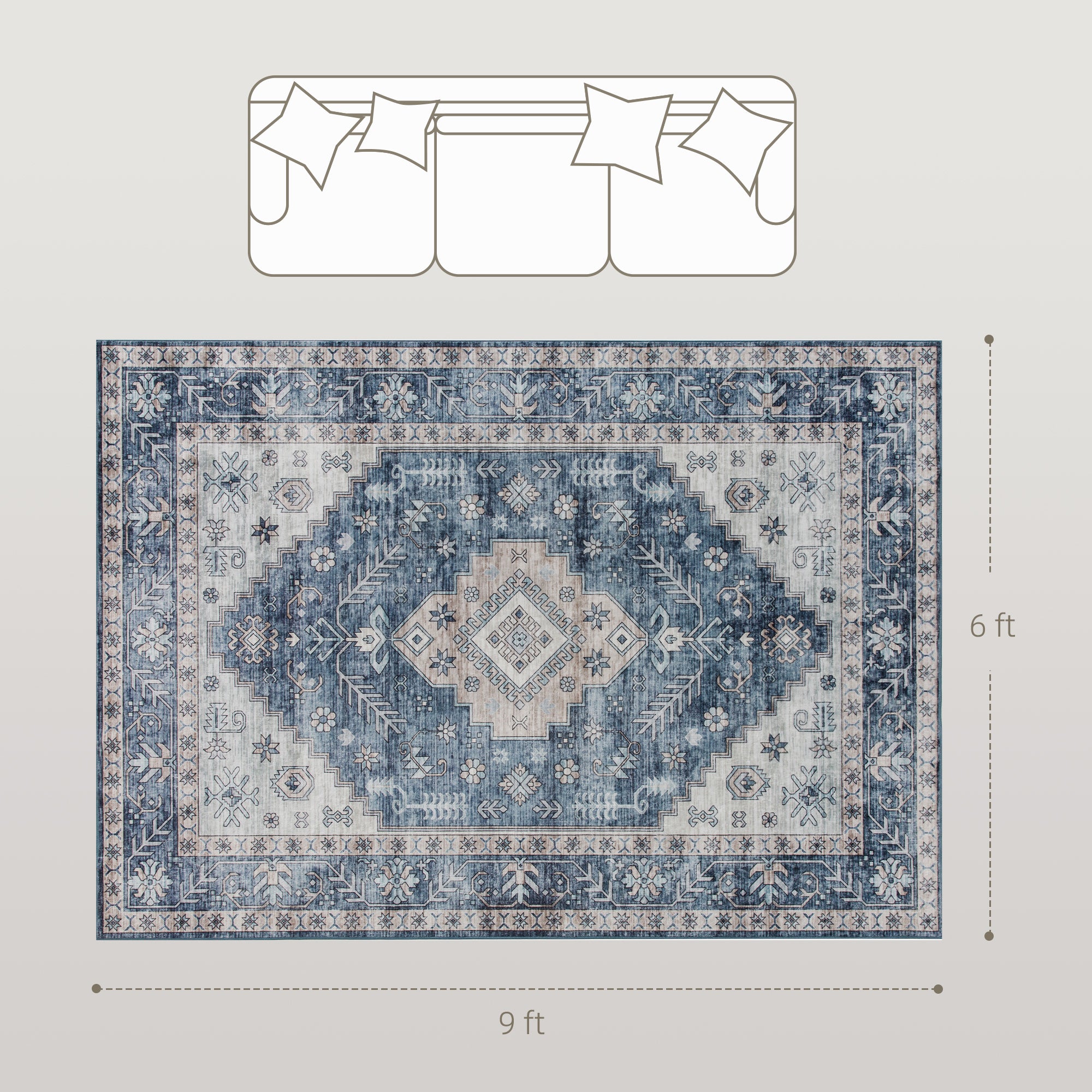 6x9 Area Rug, Vintage Machine Washable Rug, Non-Slip Floor Carpet for Living Room, Bedroom, Dining Room, Blue