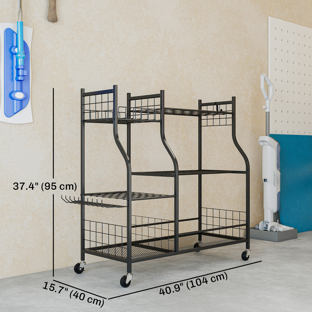 Garden Tool Organizer for Garage, 3-Tier Yard Tool Storage Rack with 32 Slots, 4 Wheels and 11 Hooks