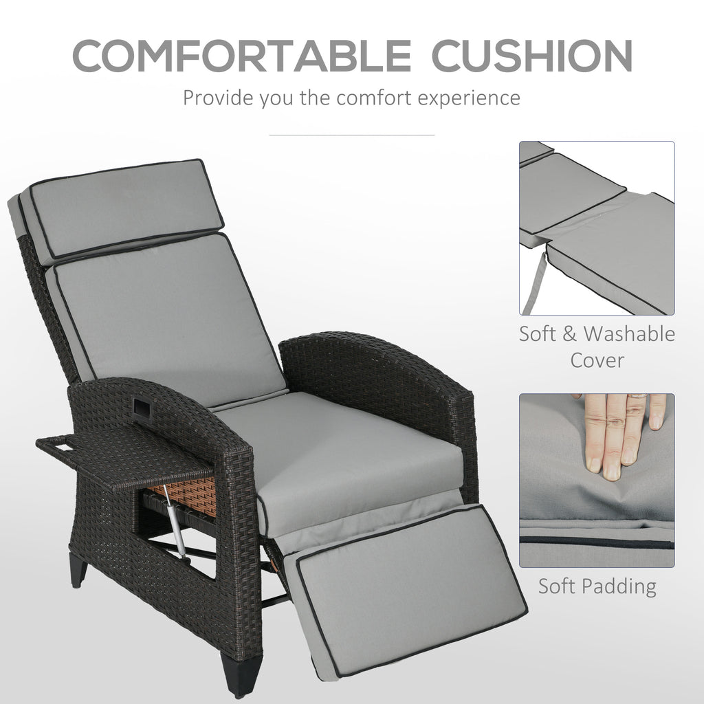 Wicker Recliner Chair with Adjustable Backrest and Footrest, Washable Cushion, Side Tray, Light Grey