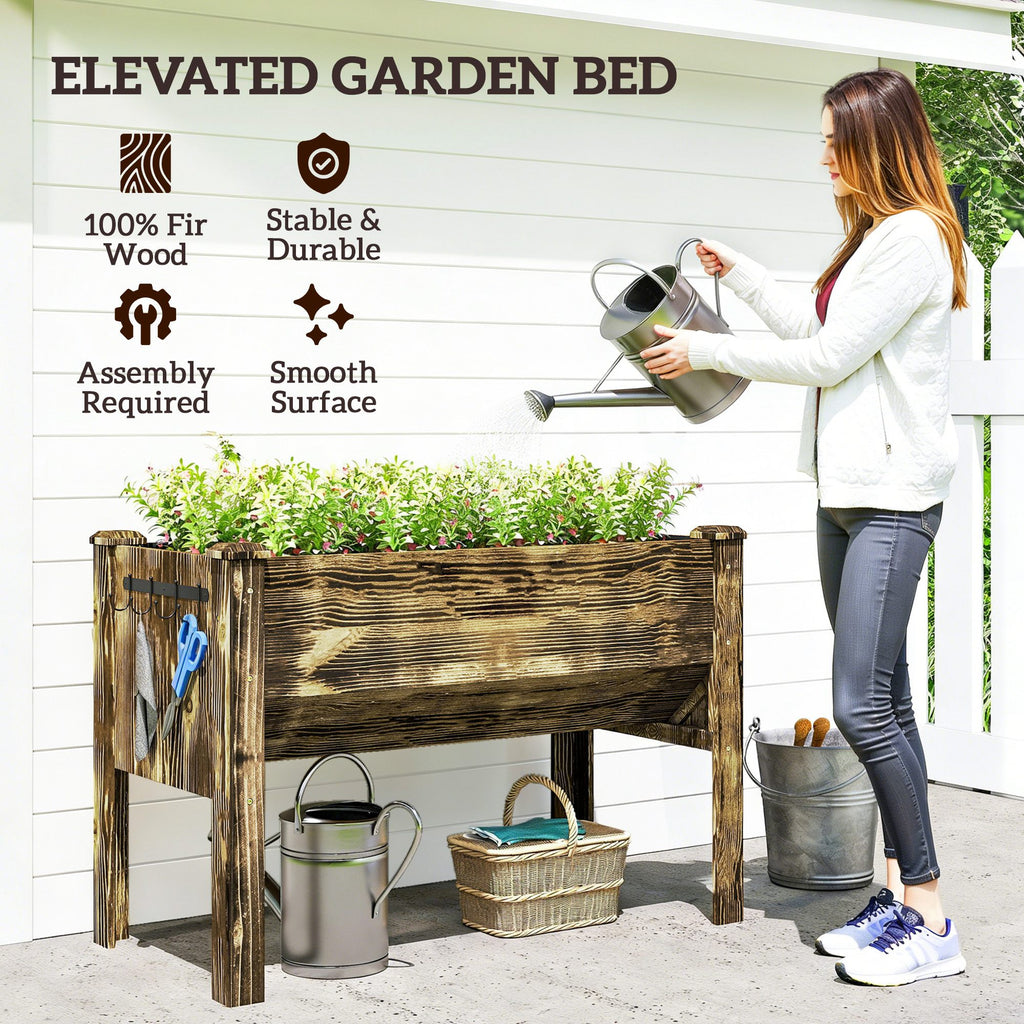 Wooden Raised Garden Plant Stand Outdoor Tall Flower Bed Box with Hooks, 48" x 24" x 32", Carbonized