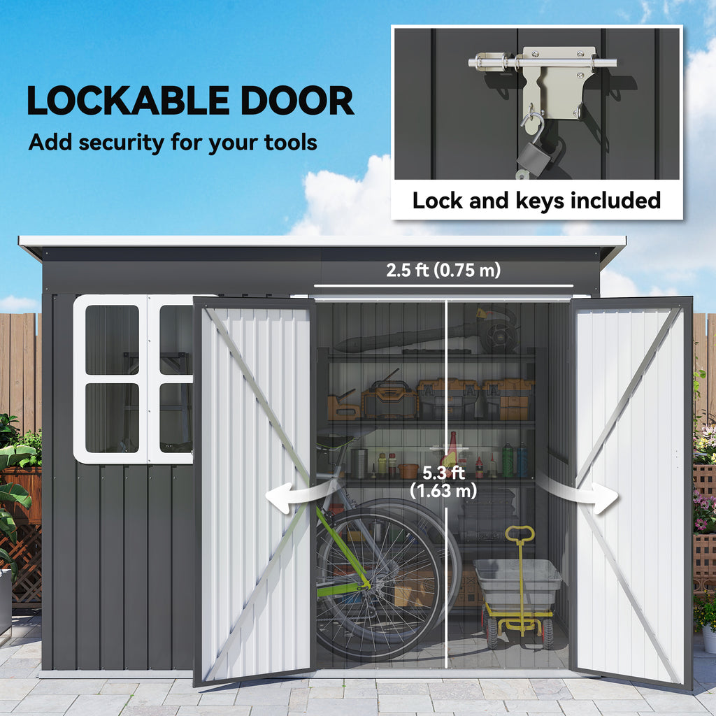 8.5' x 6' Galvanised Steel Outdoor Storage Shed, Garden Shed with Window, Lockable Wide Doors and Air Vents, Dark Grey