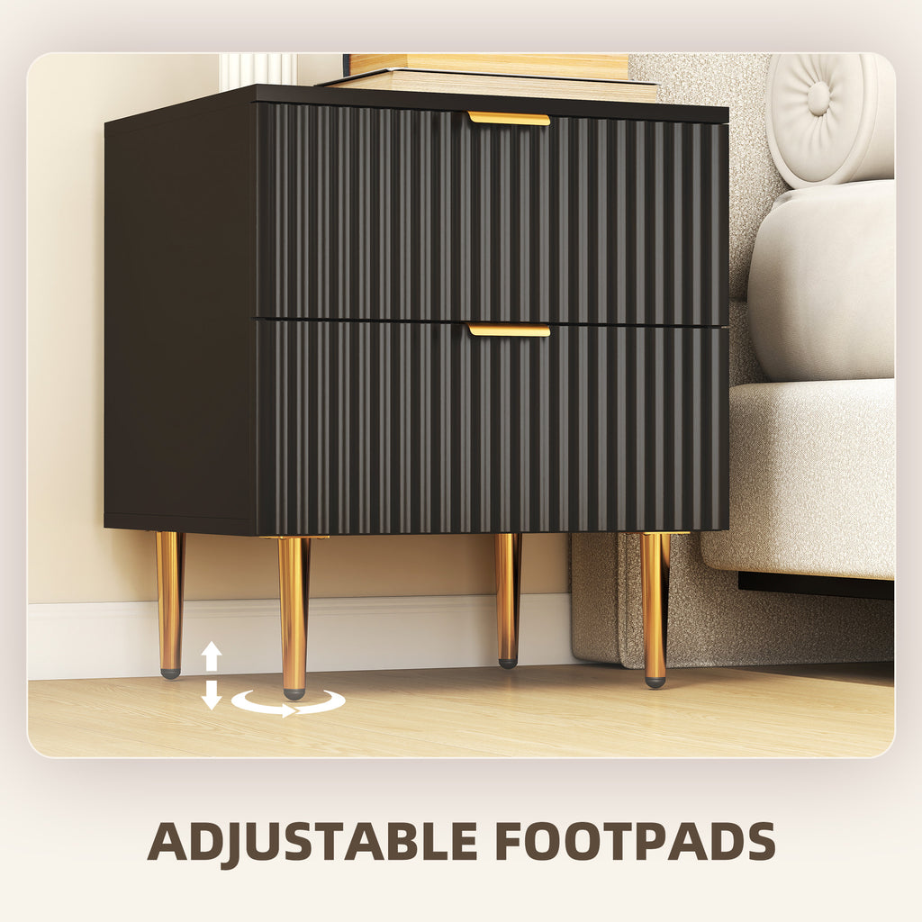 Bedside Table Set of 2, Modern Nightstand with 2 Drawers, Side End Table with Metal Legs for Living Room, Bedroom, Black