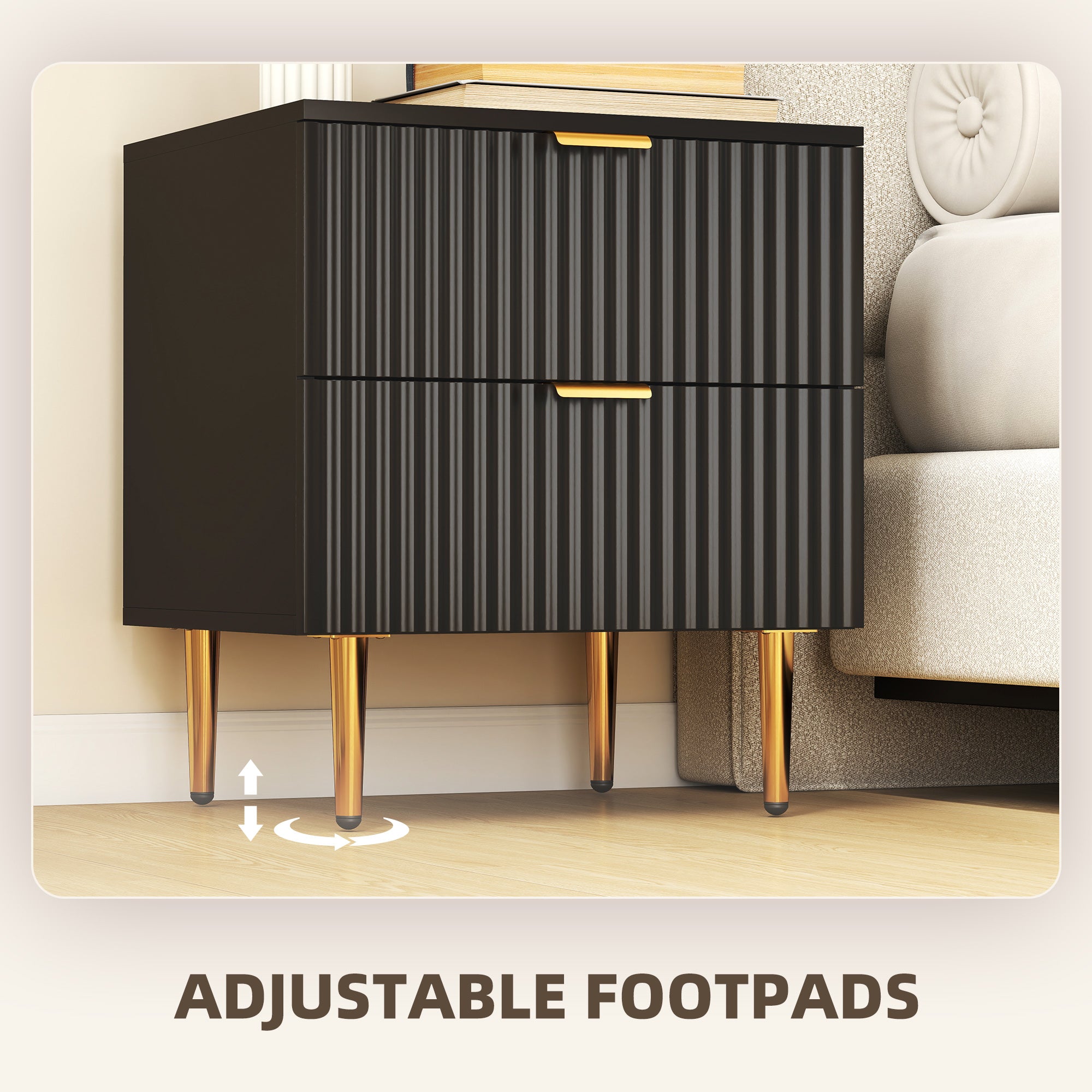 Bedside Table Set of 2, Modern Nightstand with 2 Drawers, Side End Table with Metal Legs for Living Room, Bedroom, Black